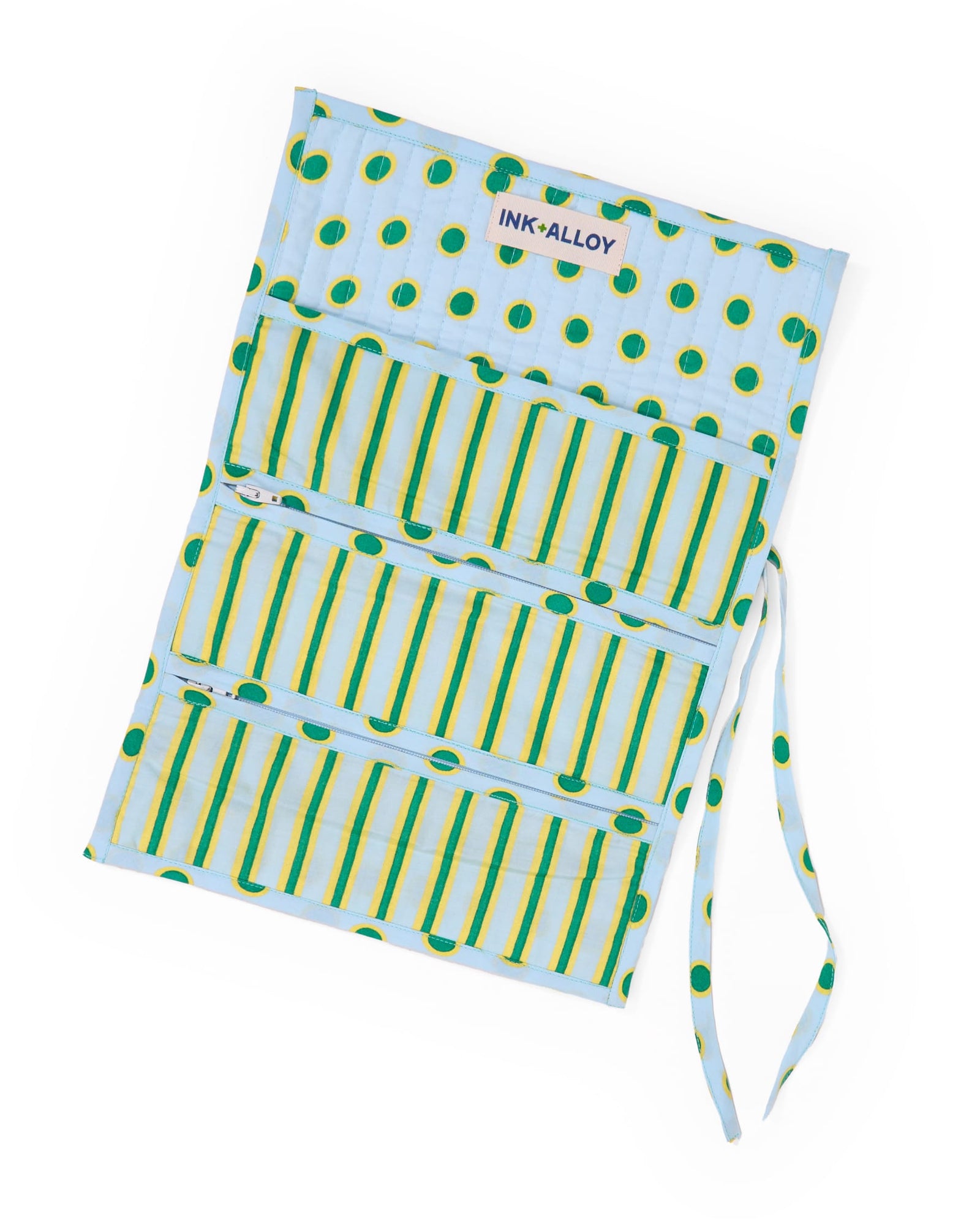 Maddie Jewelry Roll Light Blue + Citron Stripes With Dot Trim + Lining