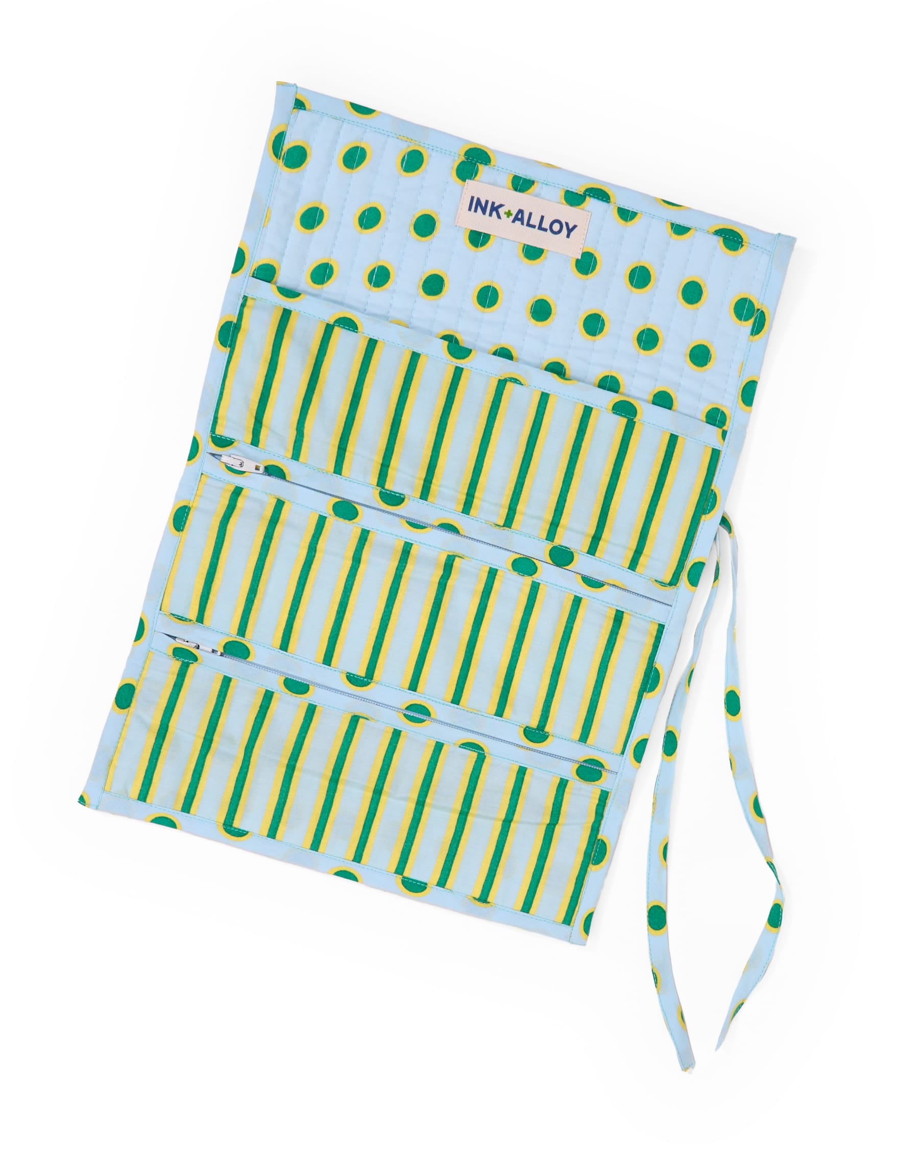 Maddie Jewelry Roll Light Blue + Citron Stripes With Dot Trim + Lining