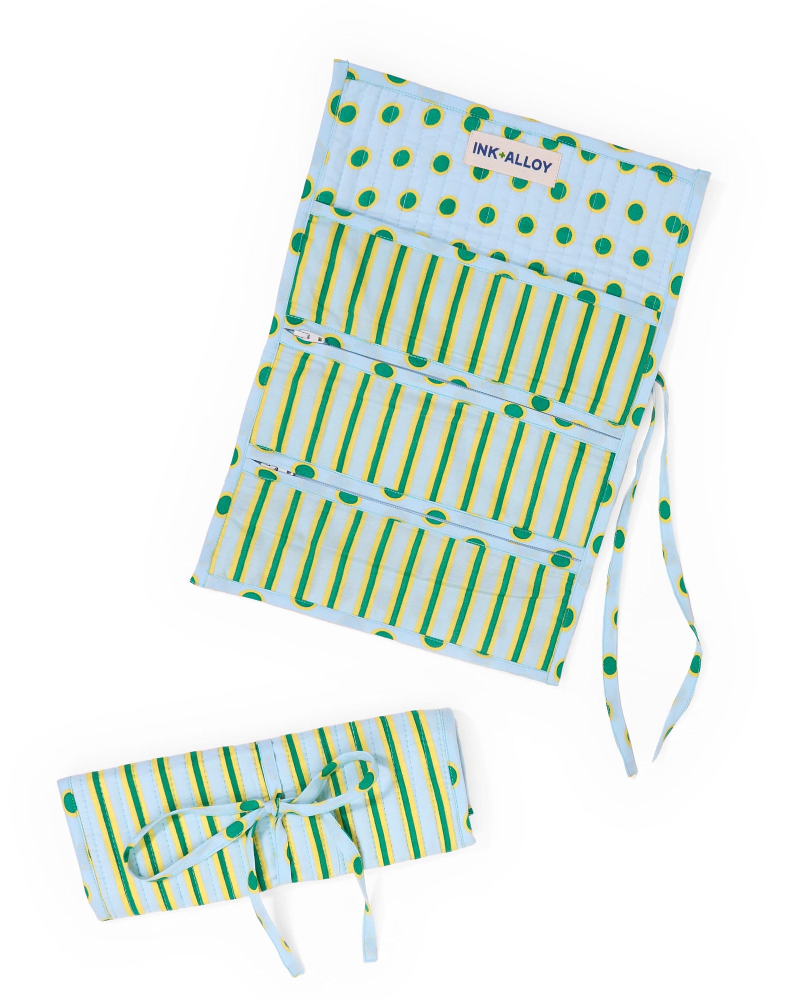 Maddie Jewelry Roll Light Blue + Citron Stripes With Dot Trim + Lining