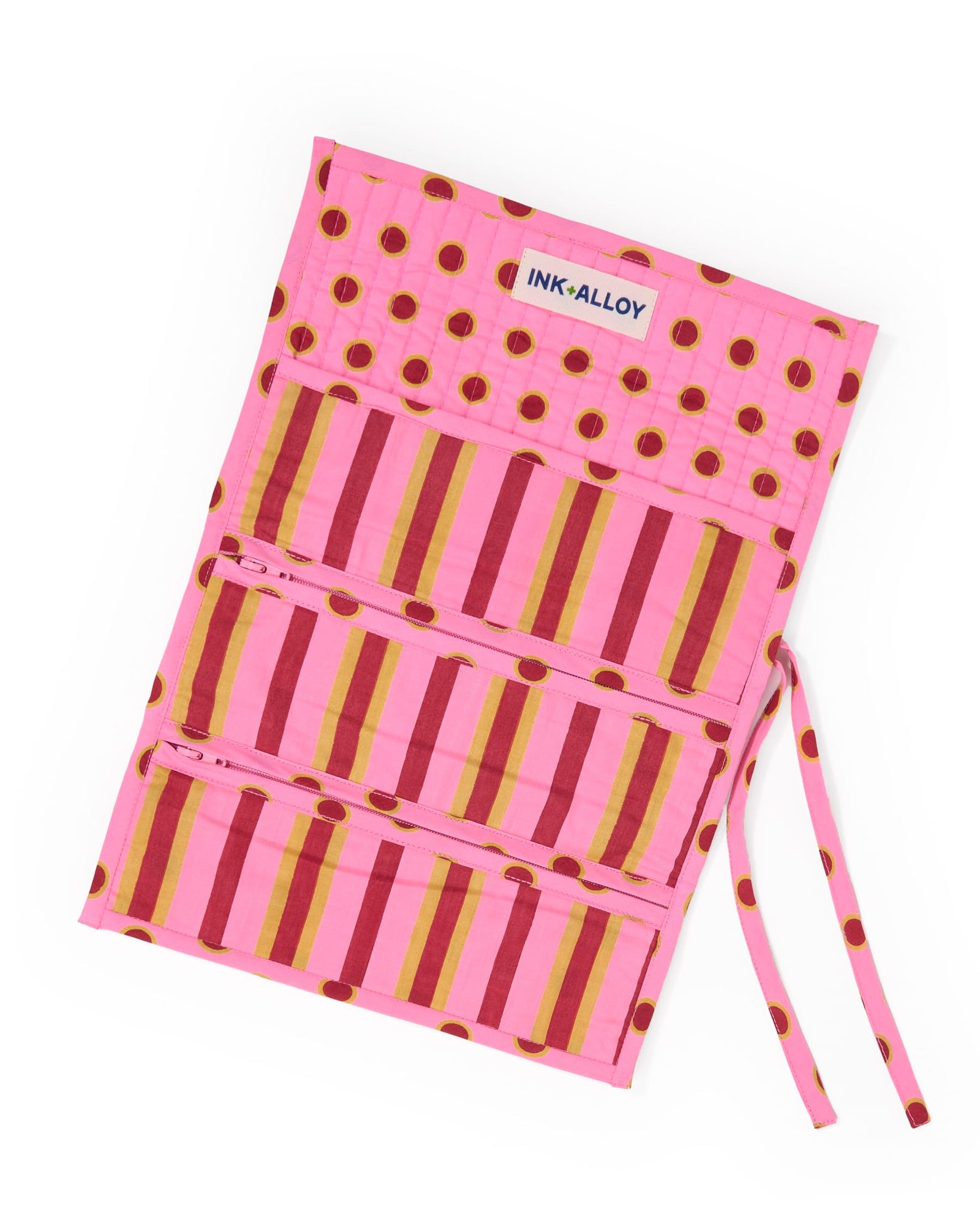 Maddie Jewelry Roll Camel + Pink Stripes With Dot Trim + Lining