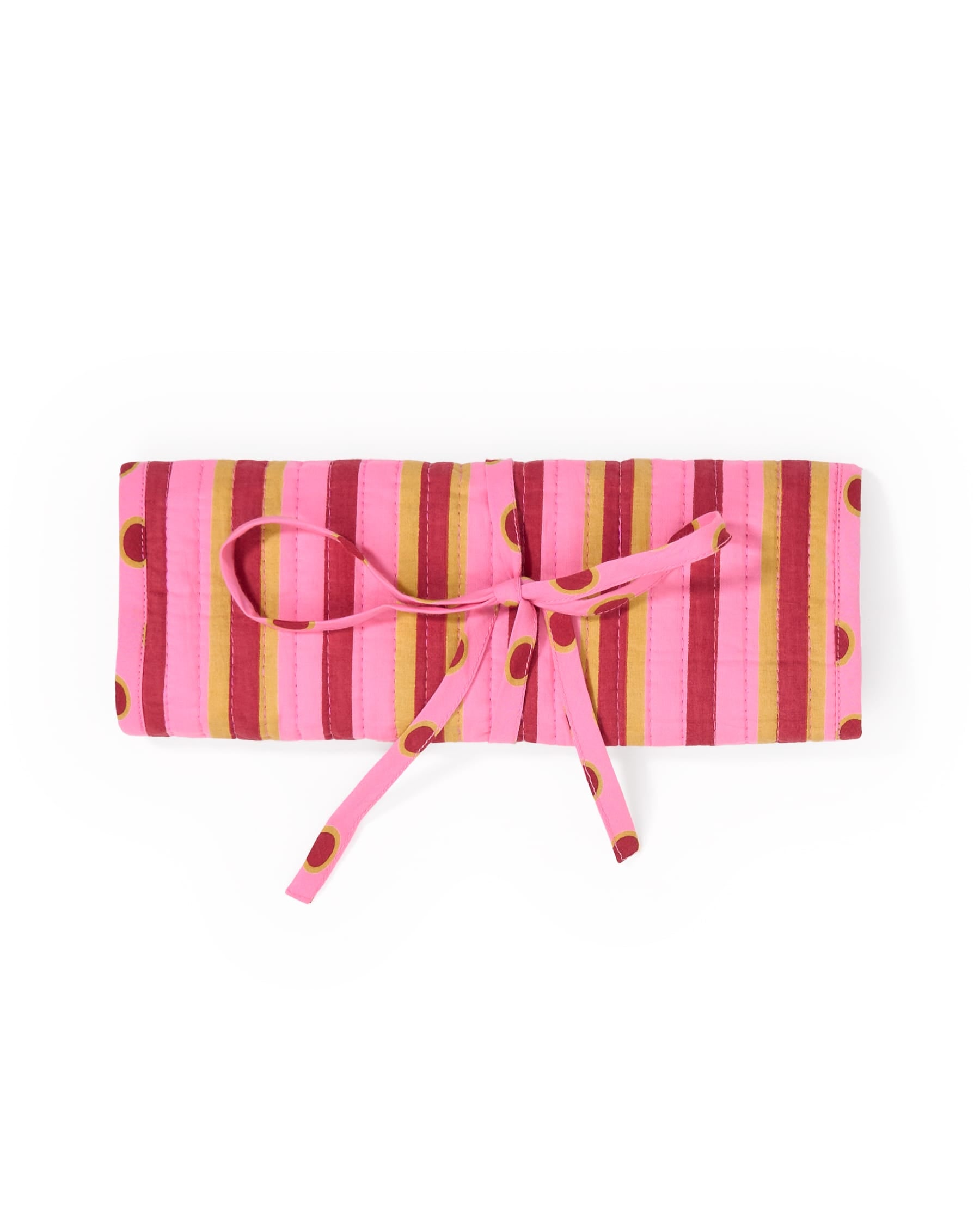 Maddie Jewelry Roll Camel + Pink Stripes With Dot Trim + Lining