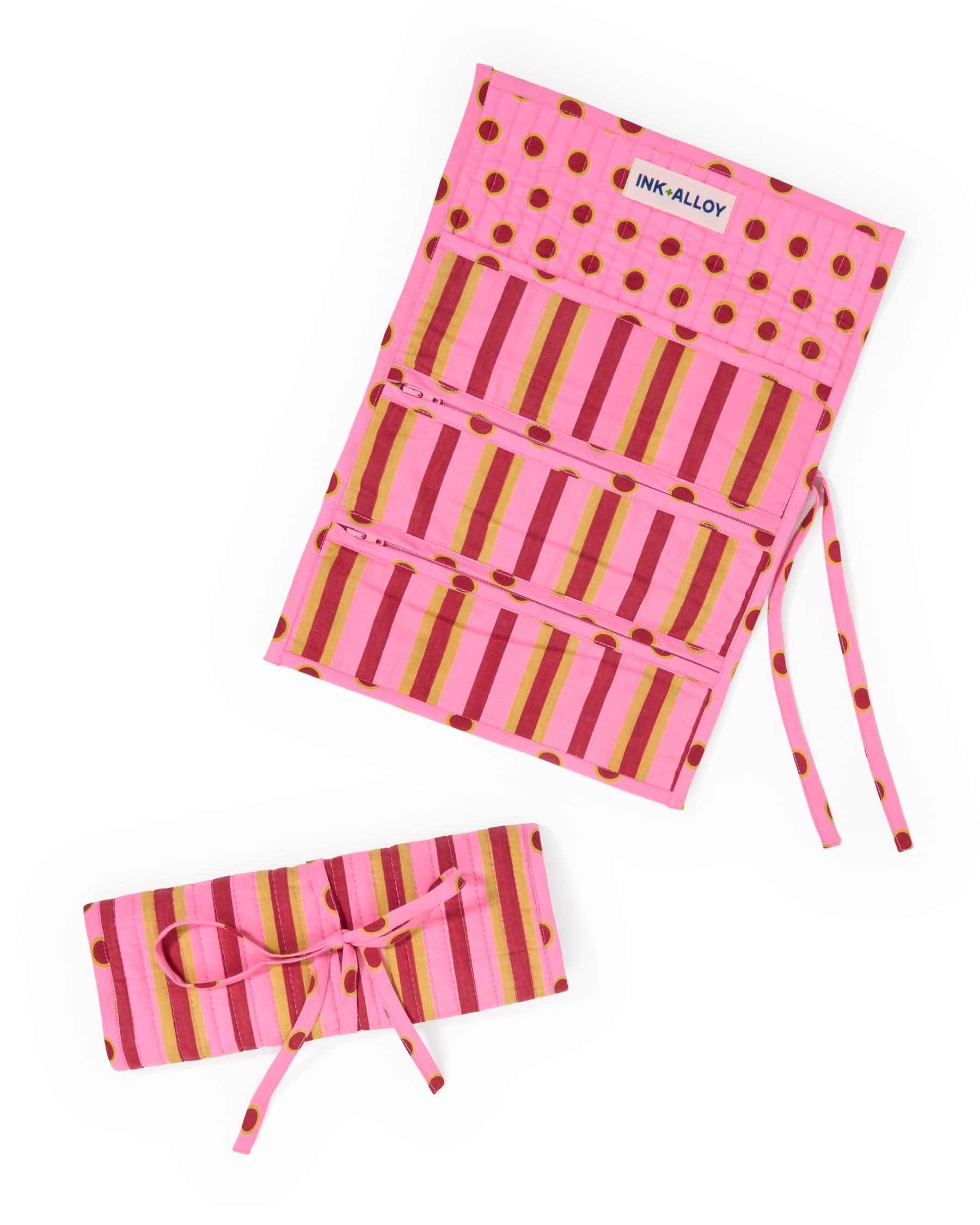 Maddie Jewelry Roll Camel + Pink Stripes With Dot Trim + Lining