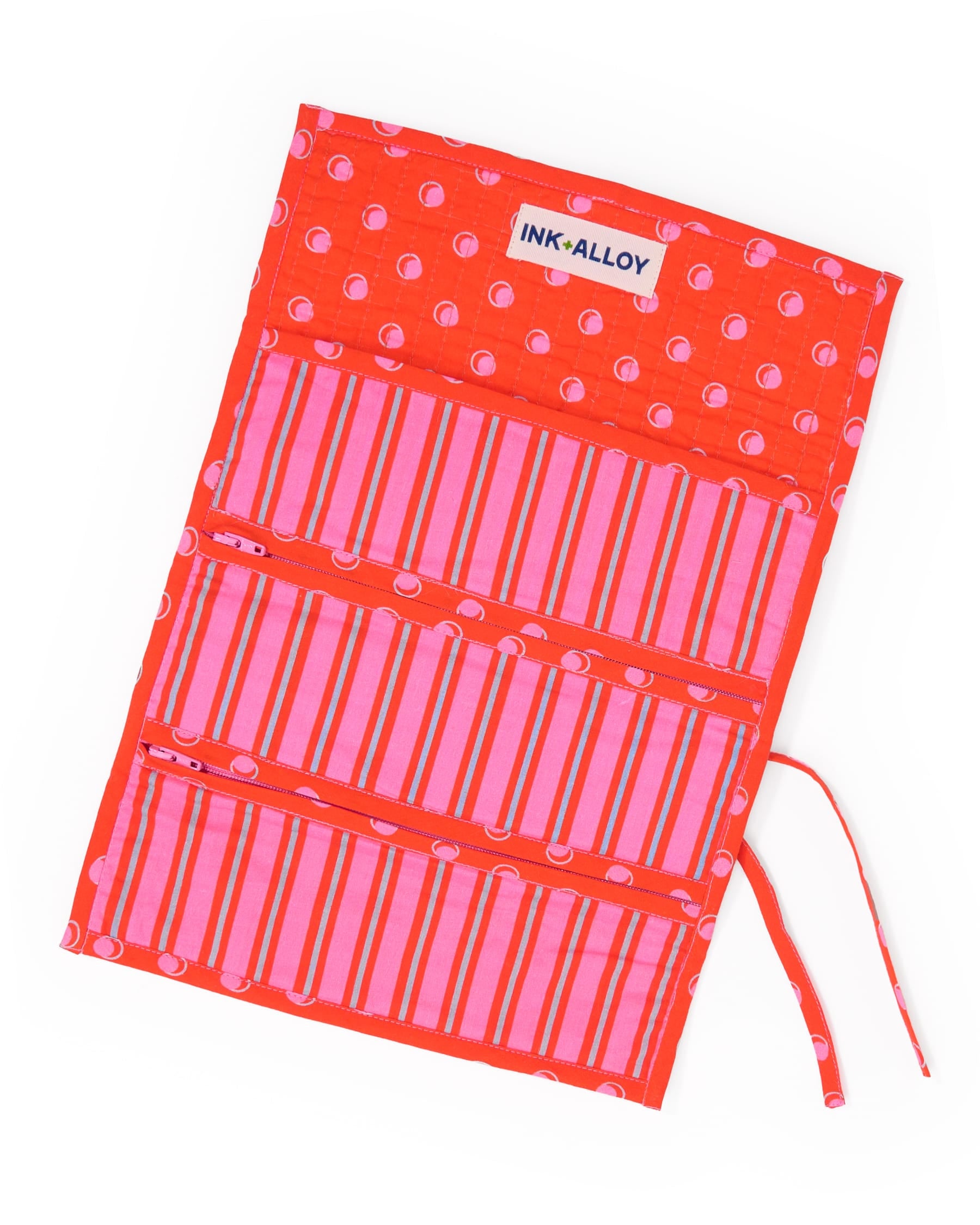 Maddie Jewelry Roll Hot Pink + Orange Stripes With Dot Trim + Lining