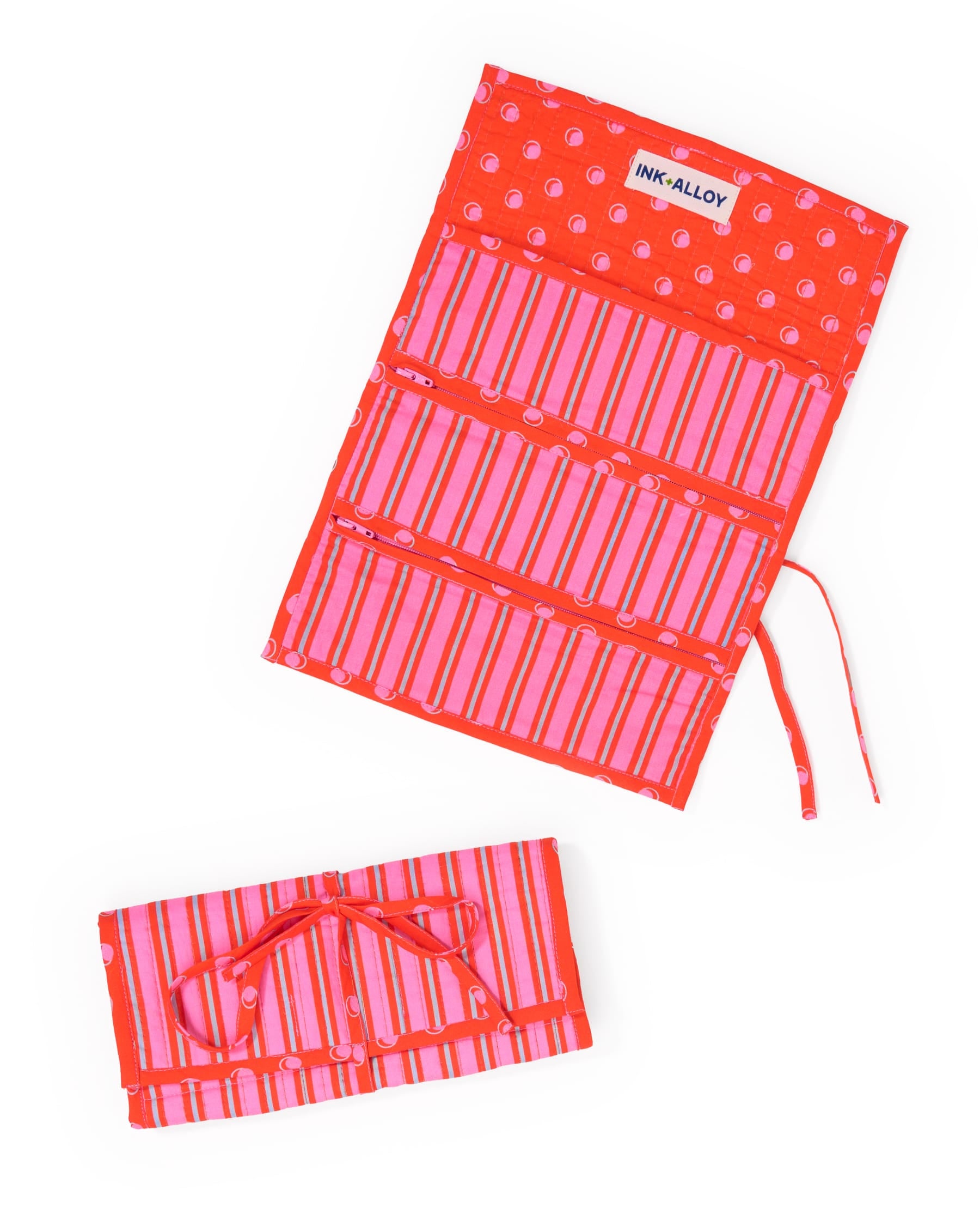 Maddie Jewelry Roll Hot Pink + Orange Stripes With Dot Trim + Lining