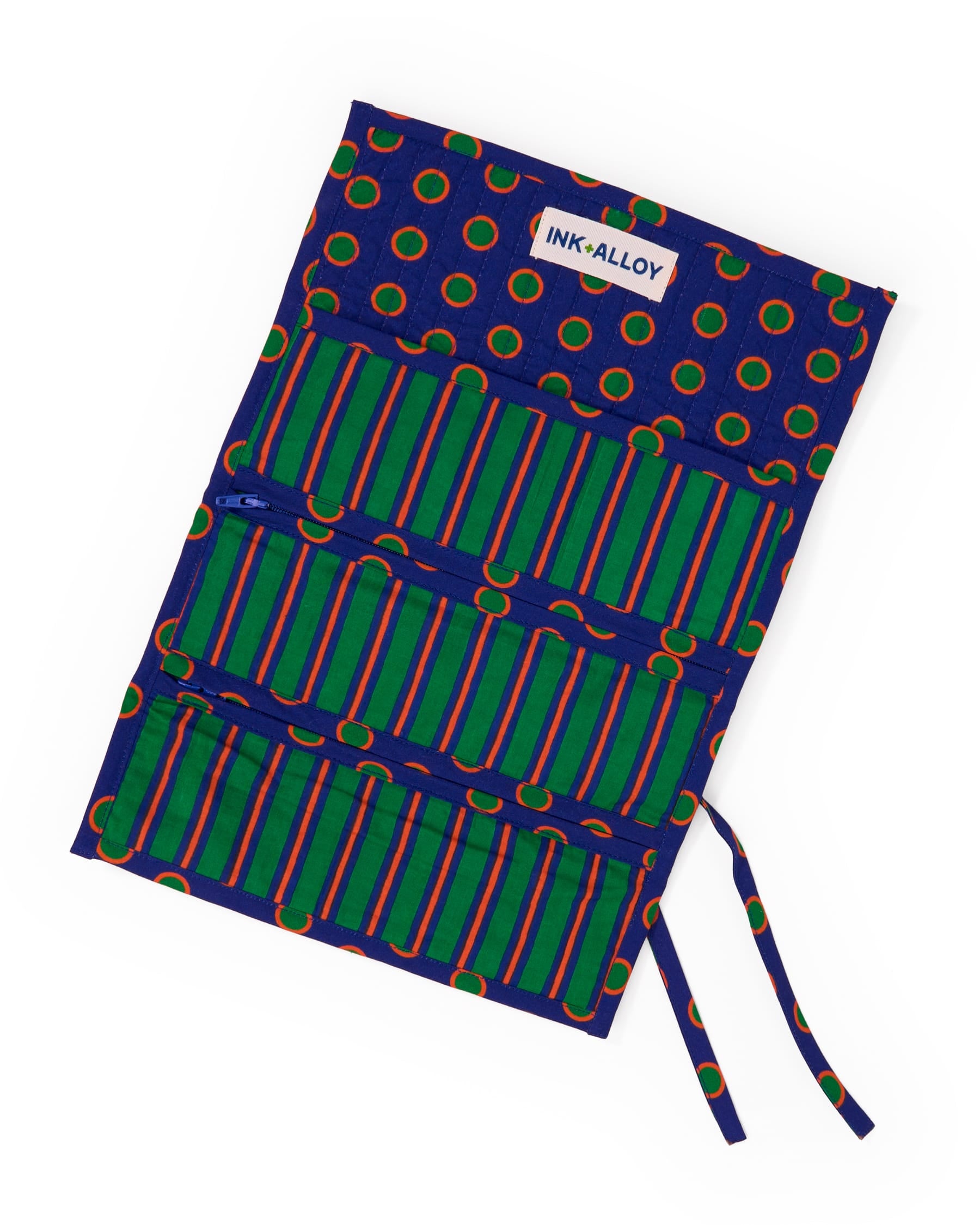 Maddie Jewelry Roll Navy + Green Stripes With Dot Trim + Lining