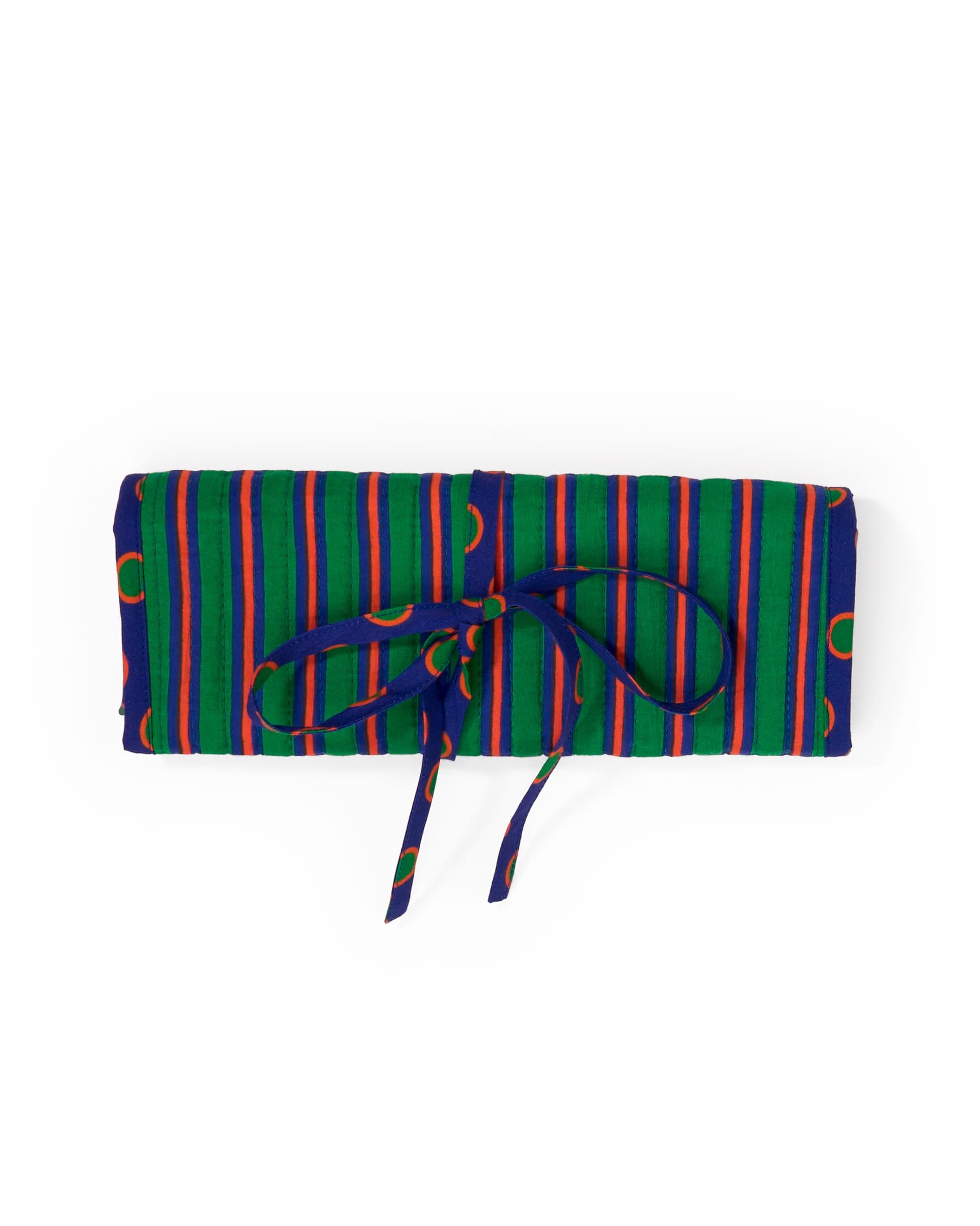 Maddie Jewelry Roll Navy + Green Stripes With Dot Trim + Lining