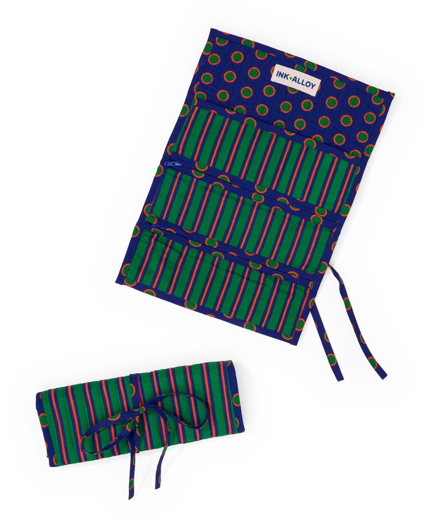 Maddie Jewelry Roll Navy + Green Stripes With Dot Trim + Lining