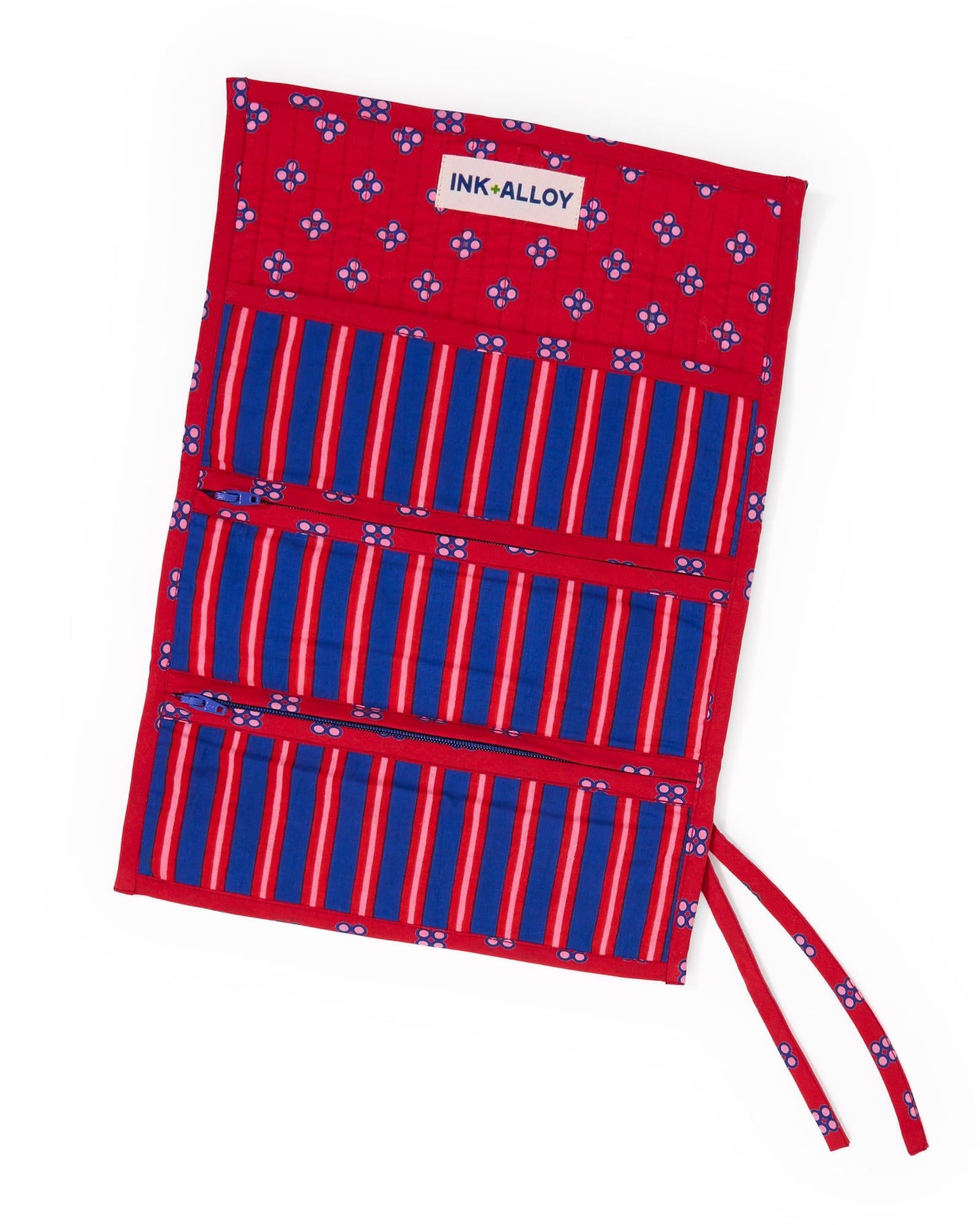 Maddie Jewelry Roll Navy + Red Stripes With Dot Trim + Lining