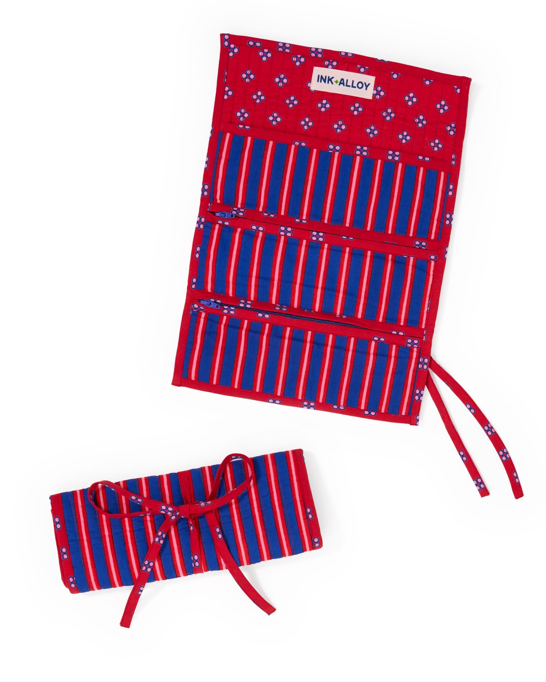Maddie Jewelry Roll Navy + Red Stripes With Dot Trim + Lining
