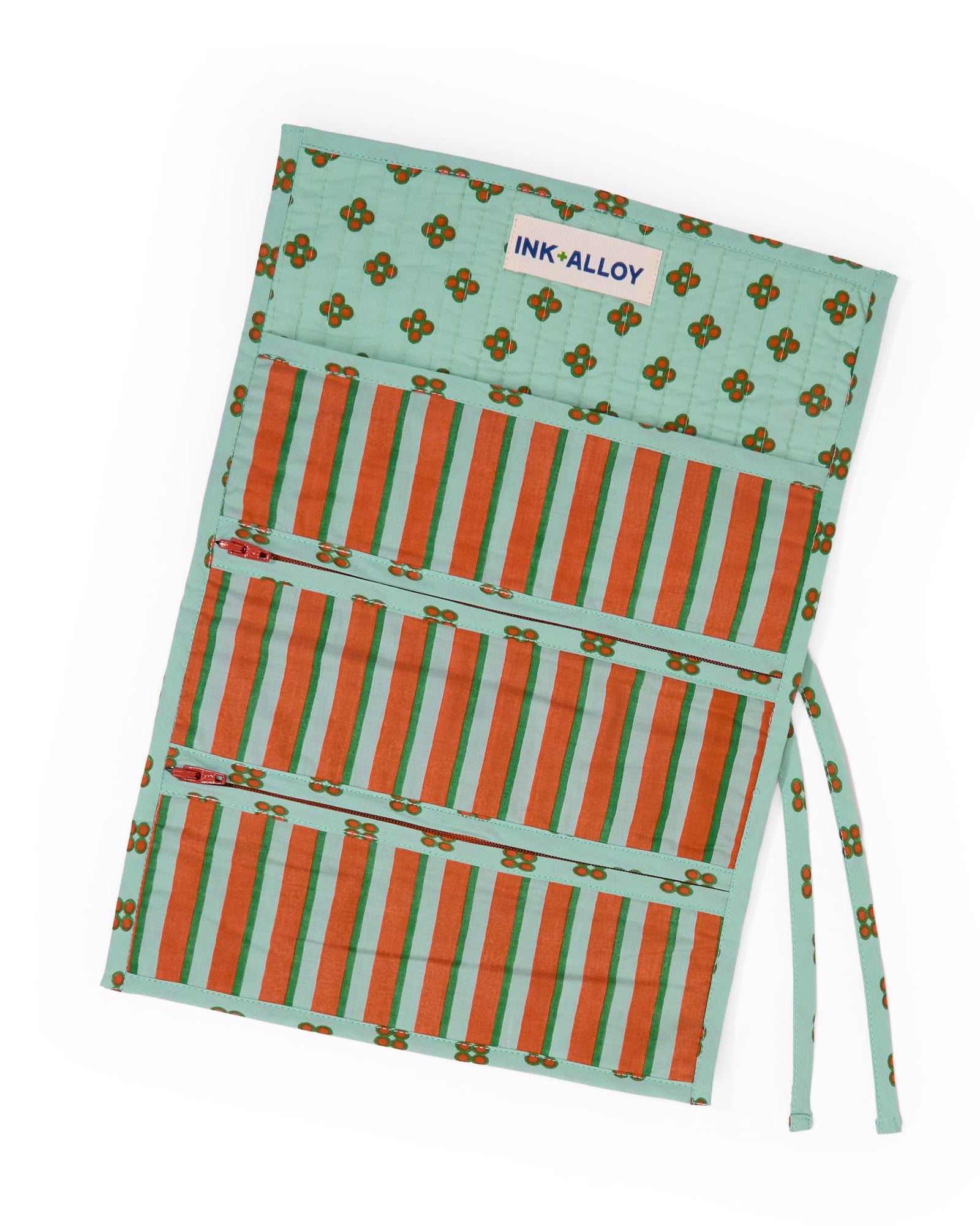 Maddie Jewelry Roll Sage + Rust Stripes With Dot Trim + Lining