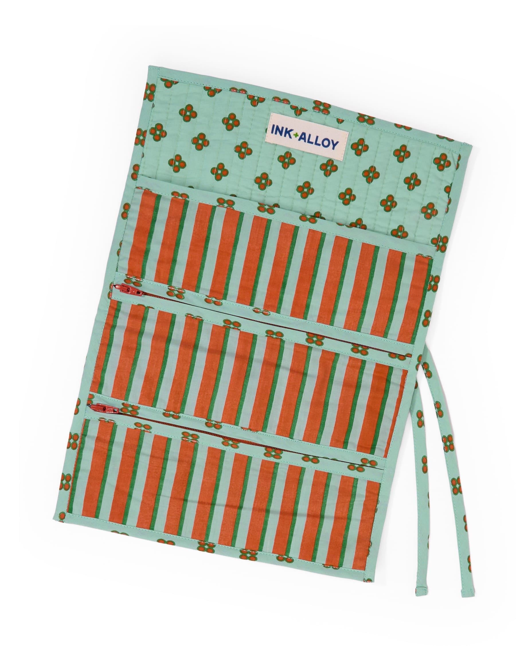 Maddie Jewelry Roll Sage + Rust Stripes With Dot Trim + Lining