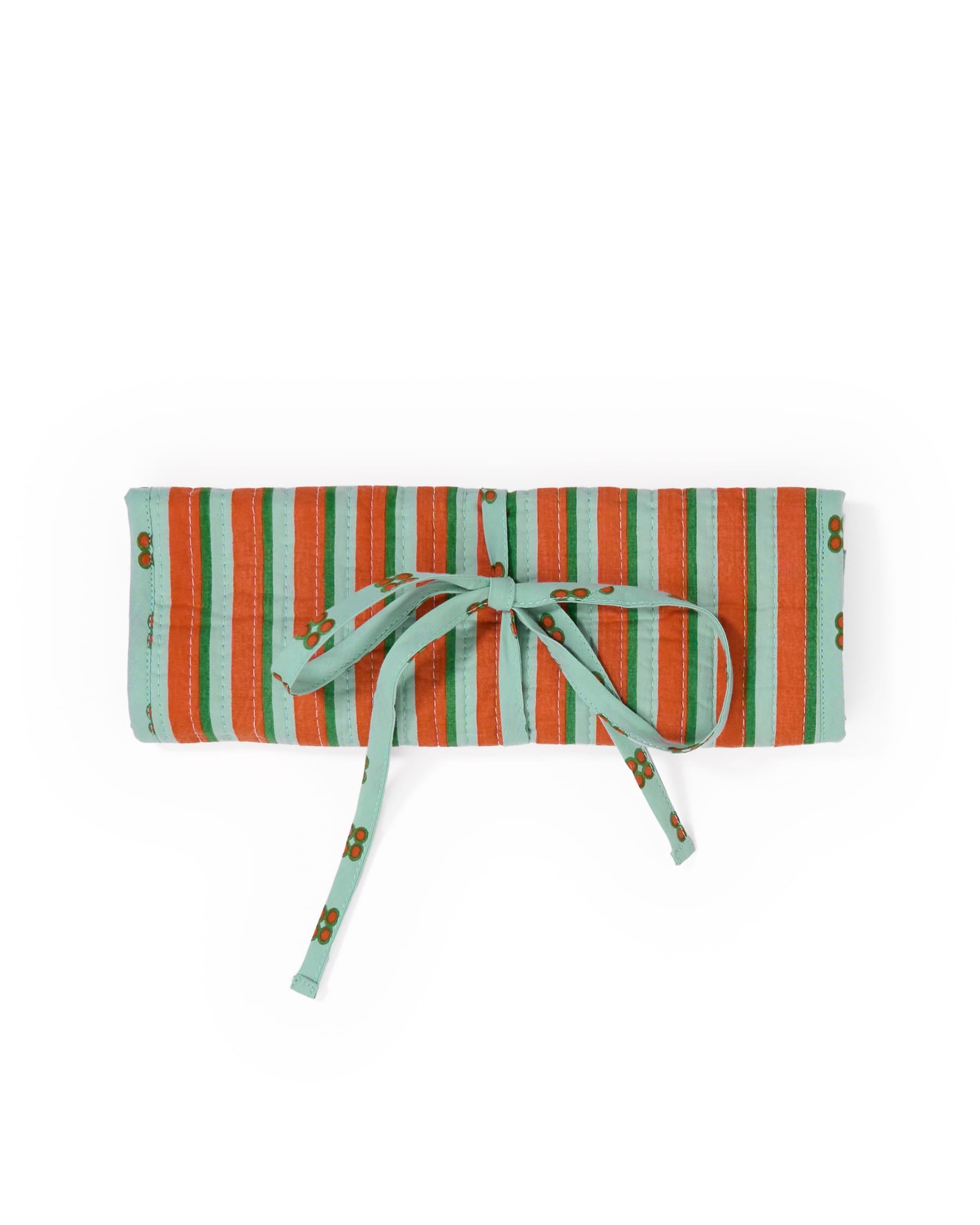 Maddie Jewelry Roll Sage + Rust Stripes With Dot Trim + Lining