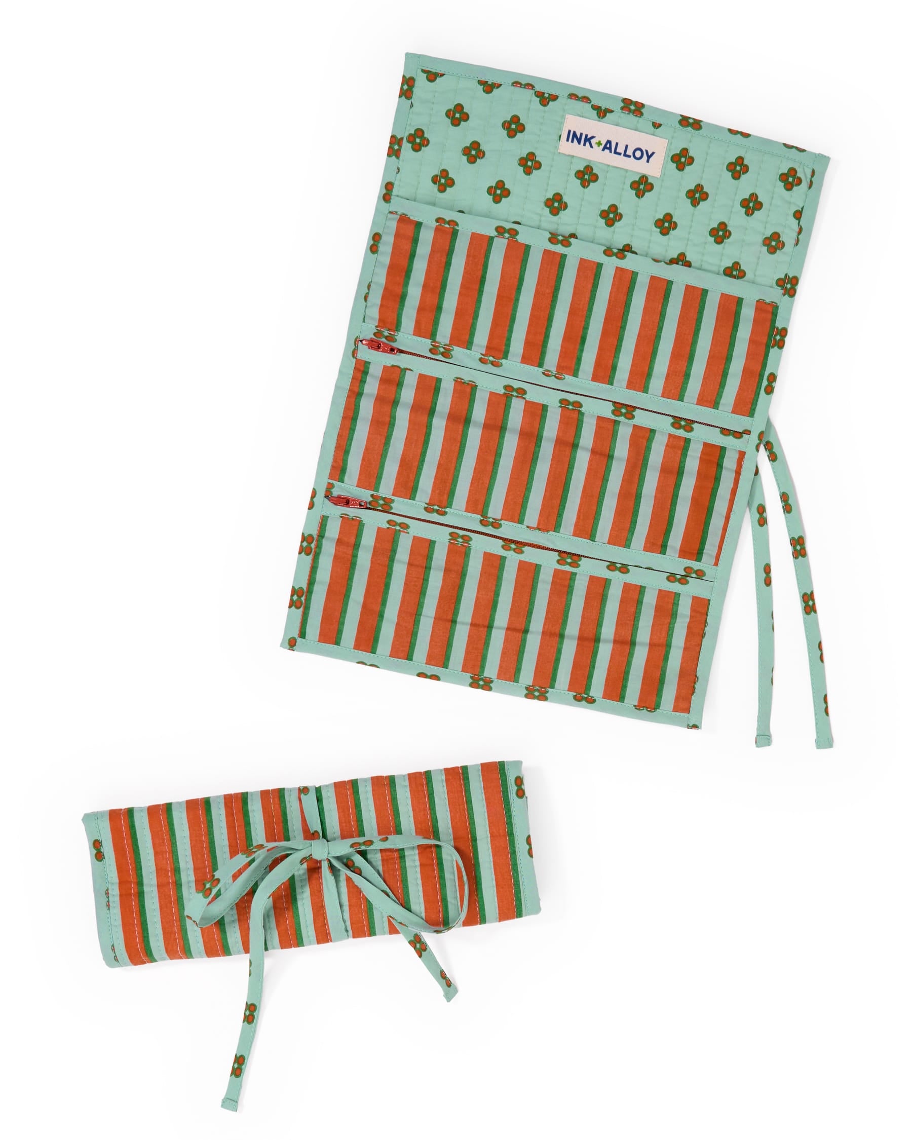 Maddie Jewelry Roll Sage + Rust Stripes With Dot Trim + Lining