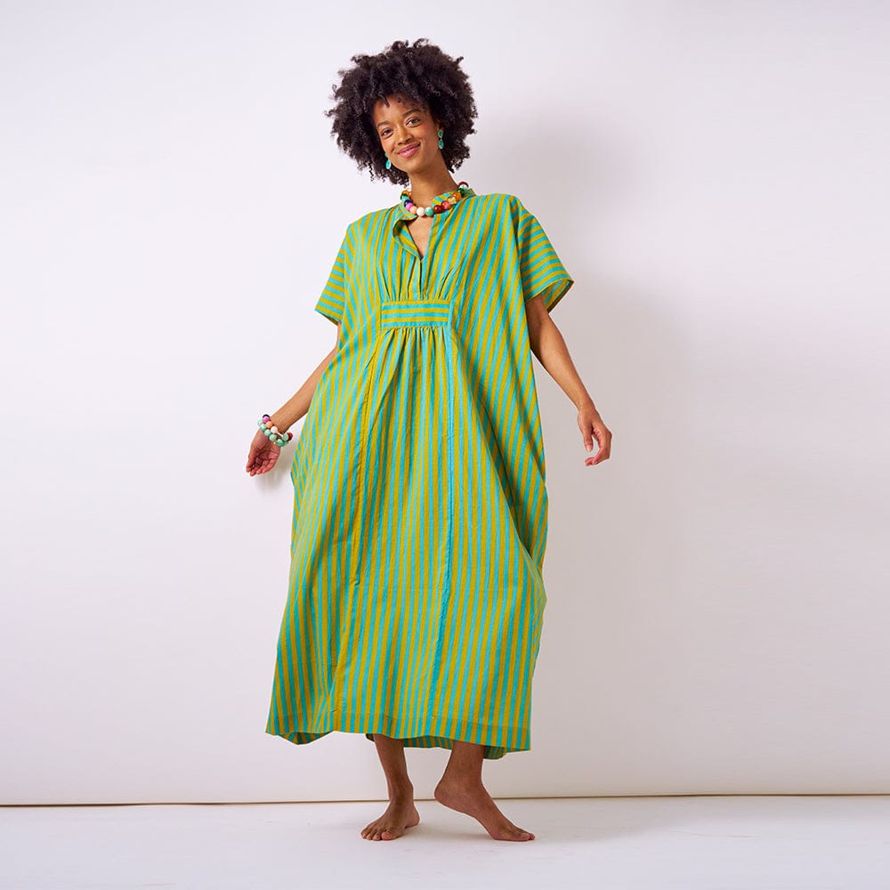 Margot Stripe Kaftan Aqua + Chartreuse Wholesale