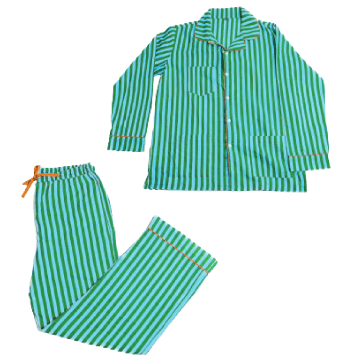 Bonnie pajama set green and blue stripe with coral accents- L