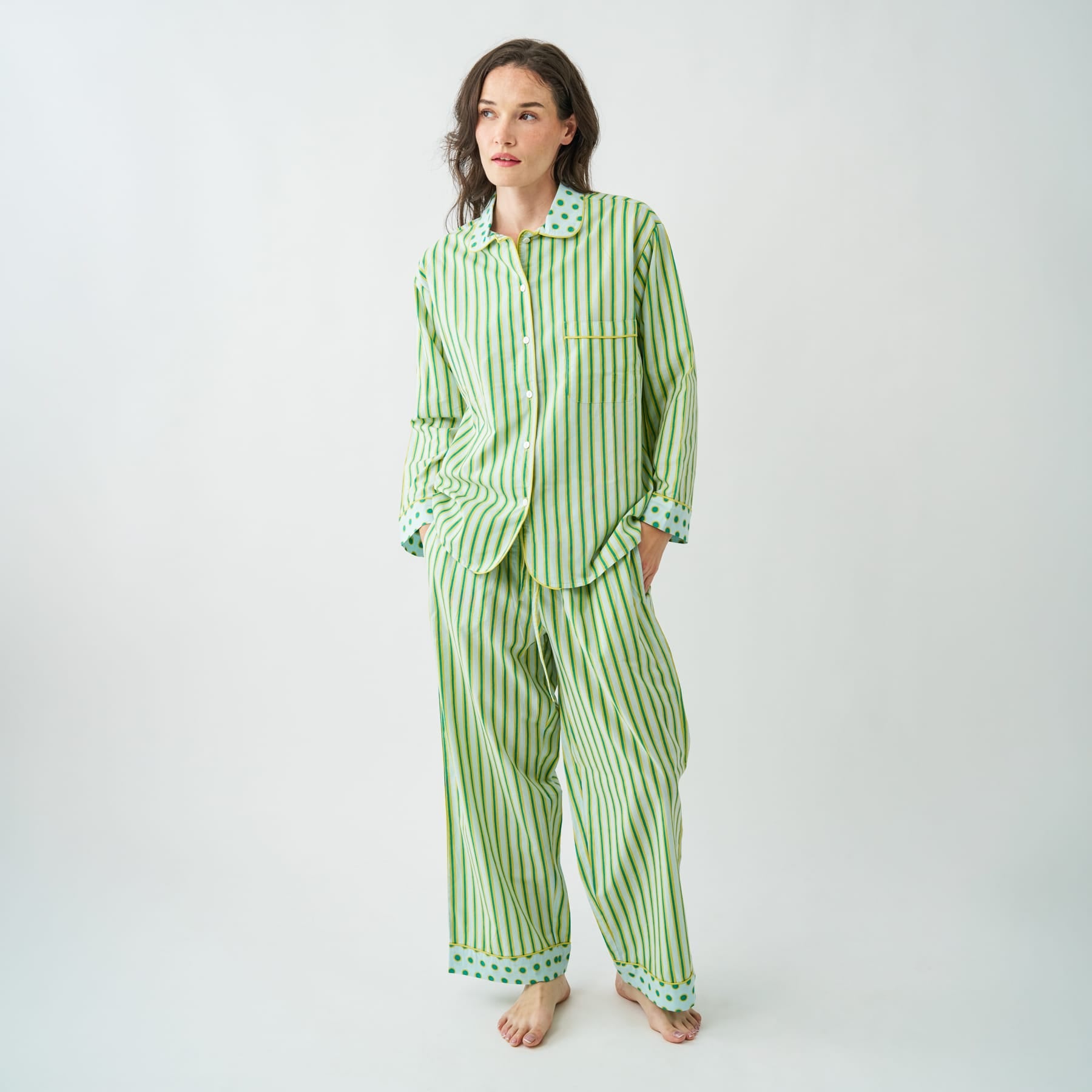Bonnie Pajama Set Light Blue + Citron Stripes with Dot Trim Size Medium