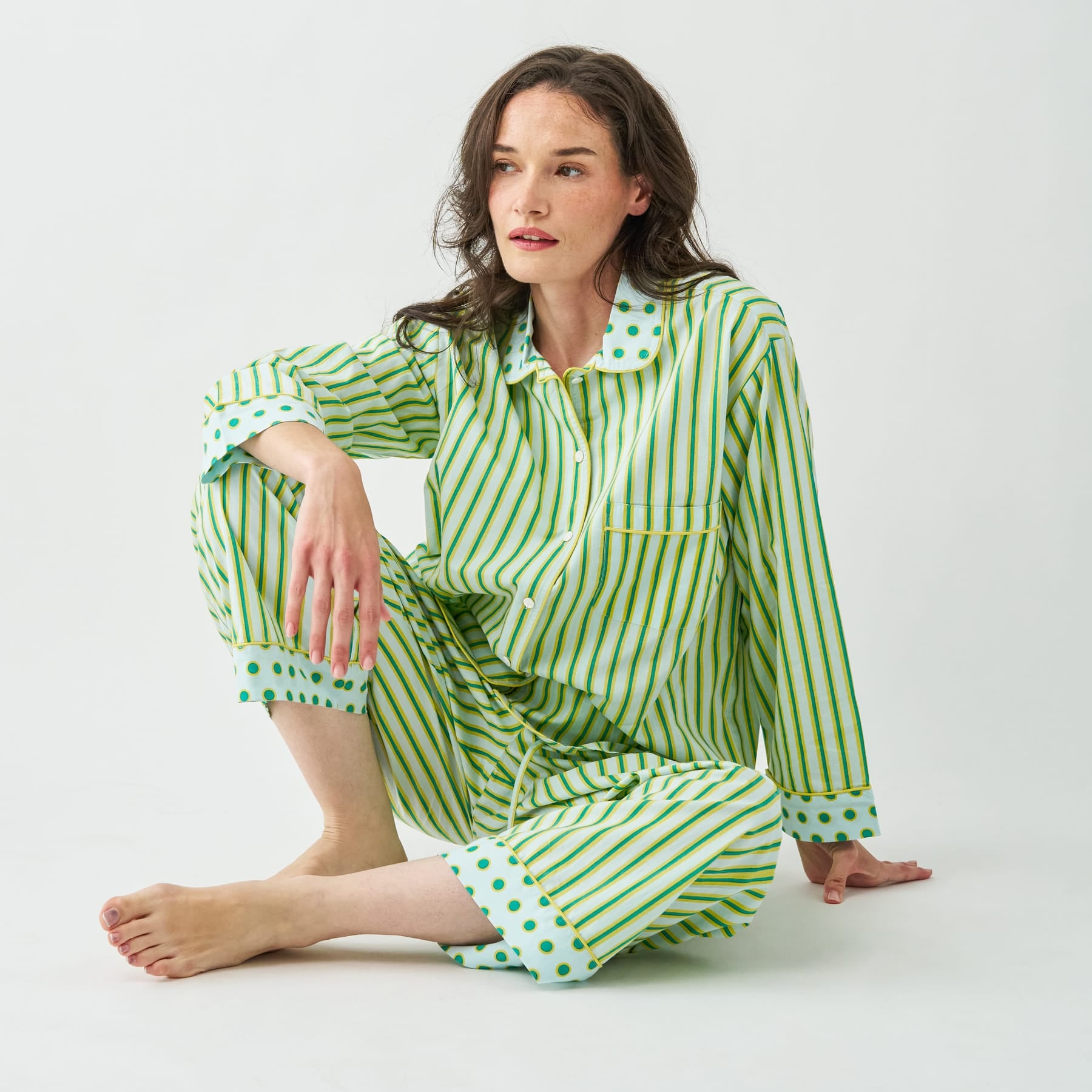 Bonnie Pajama Set Light Blue + Citron Stripes with Dot Trim Size Medium