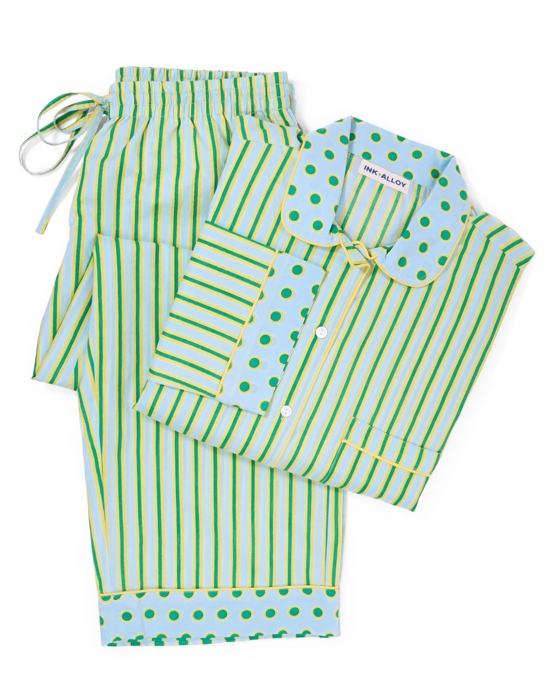 Bonnie Pajama Set Light Blue + Citron Stripes with Dot Trim Size Medium