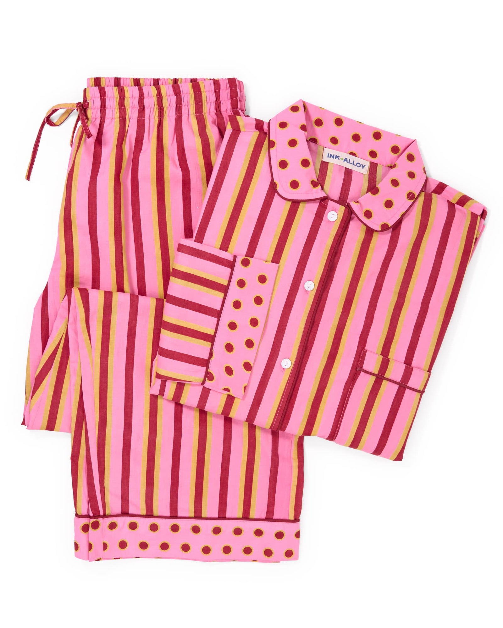 Bonnie Pajama Set Camel + Pink Stripes with Dot Trim Size Extra Large