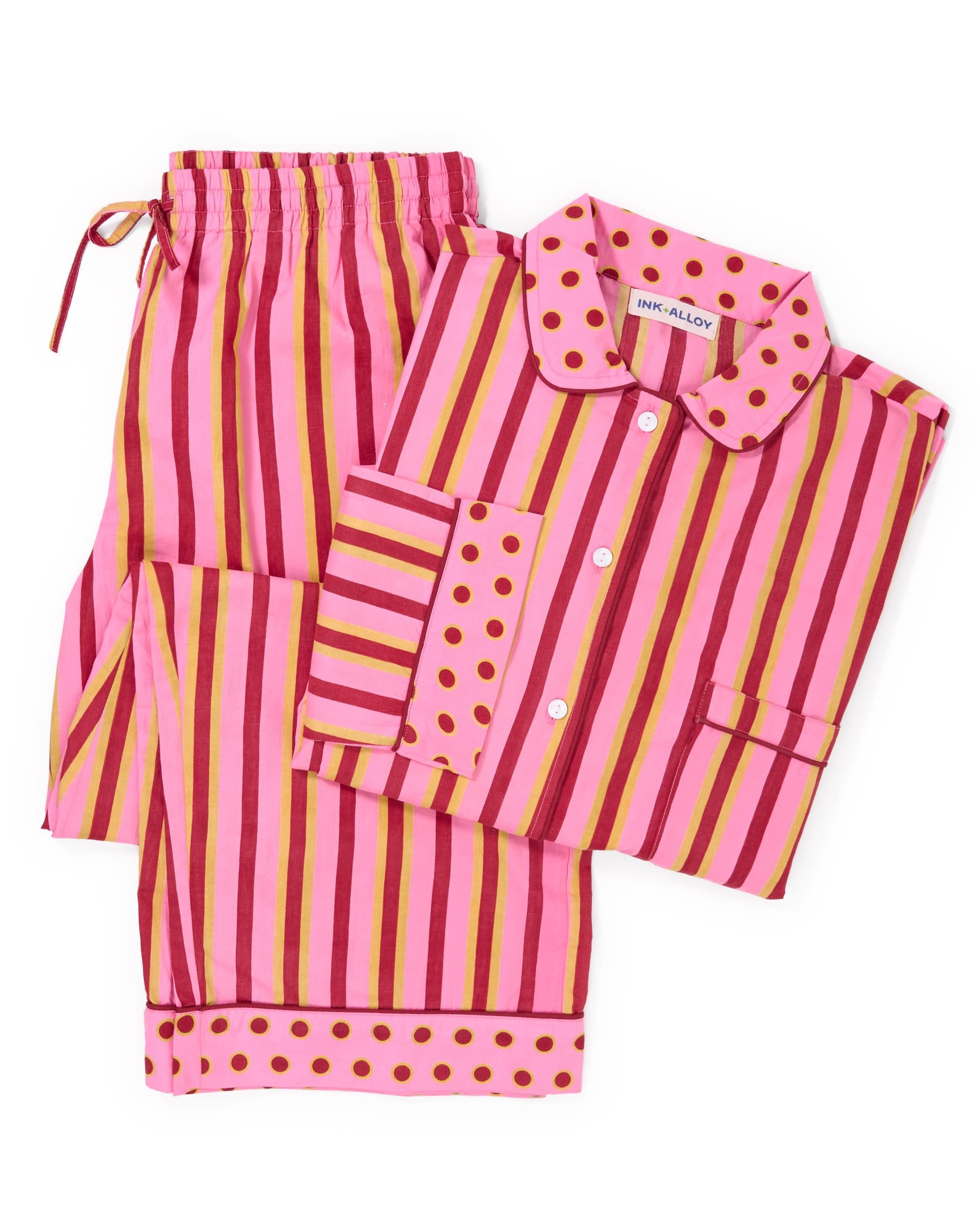 Bonnie Pajama Set Camel + Pink Stripes with Dot Trim Size Small