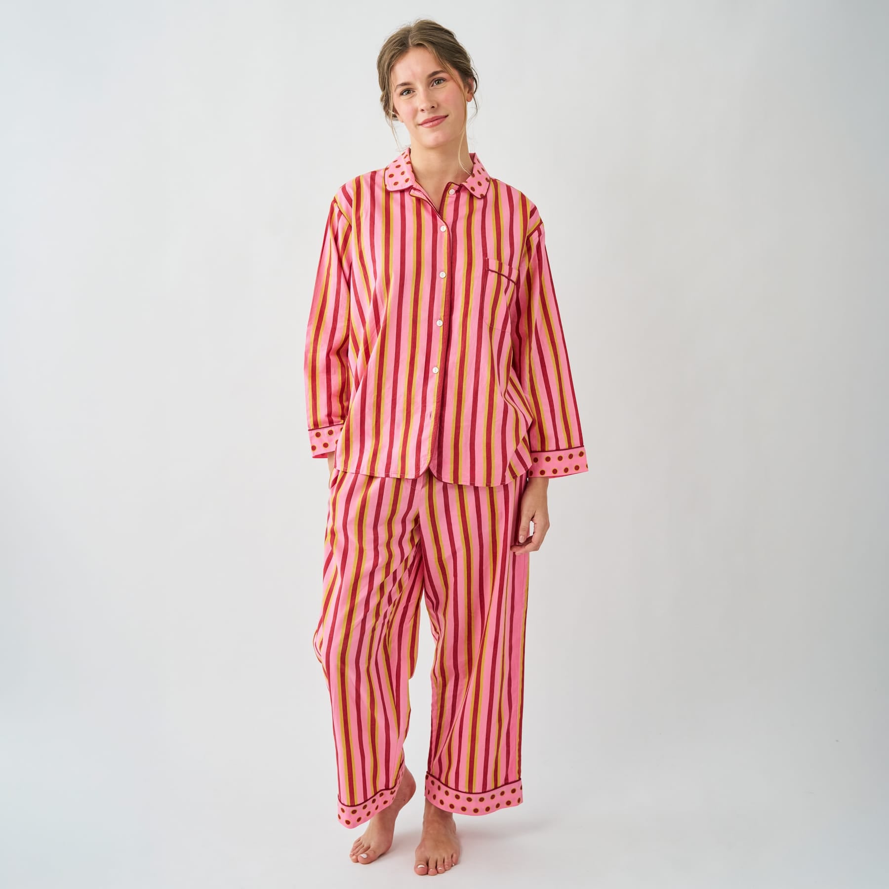 Bonnie Pajama Set Camel + Pink Stripes with Dot Trim Size Large