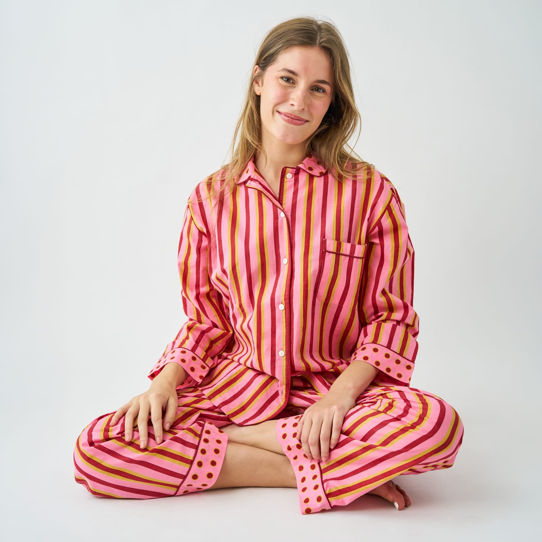 Bonnie Pajama Set Camel + Pink Stripes with Dot Trim Size Large
