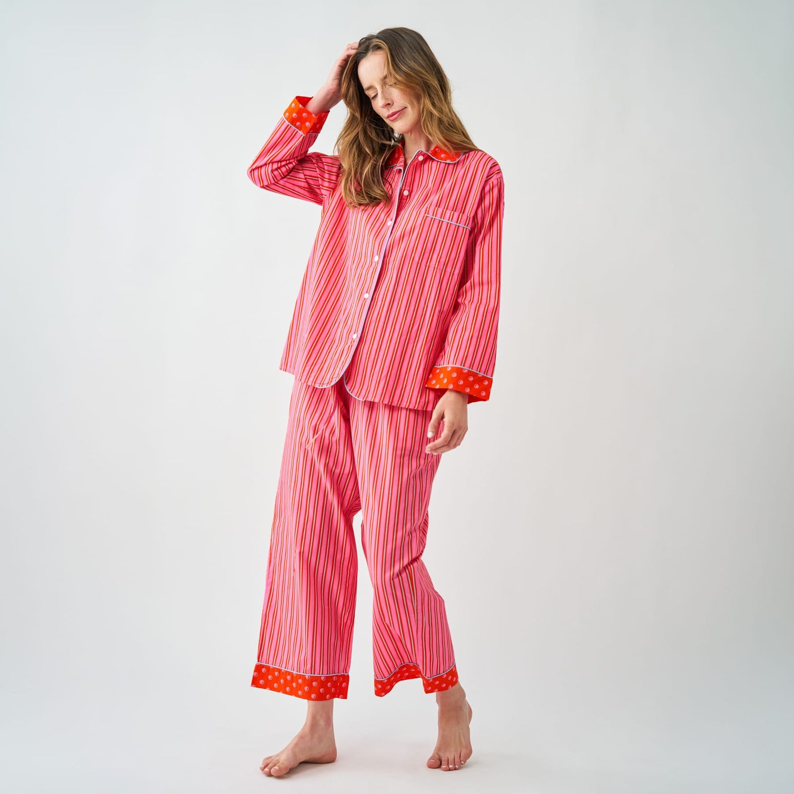 Bonnie Pajama Set Hot Pink + Orange Stripes with Dot Trim Size Extra Large