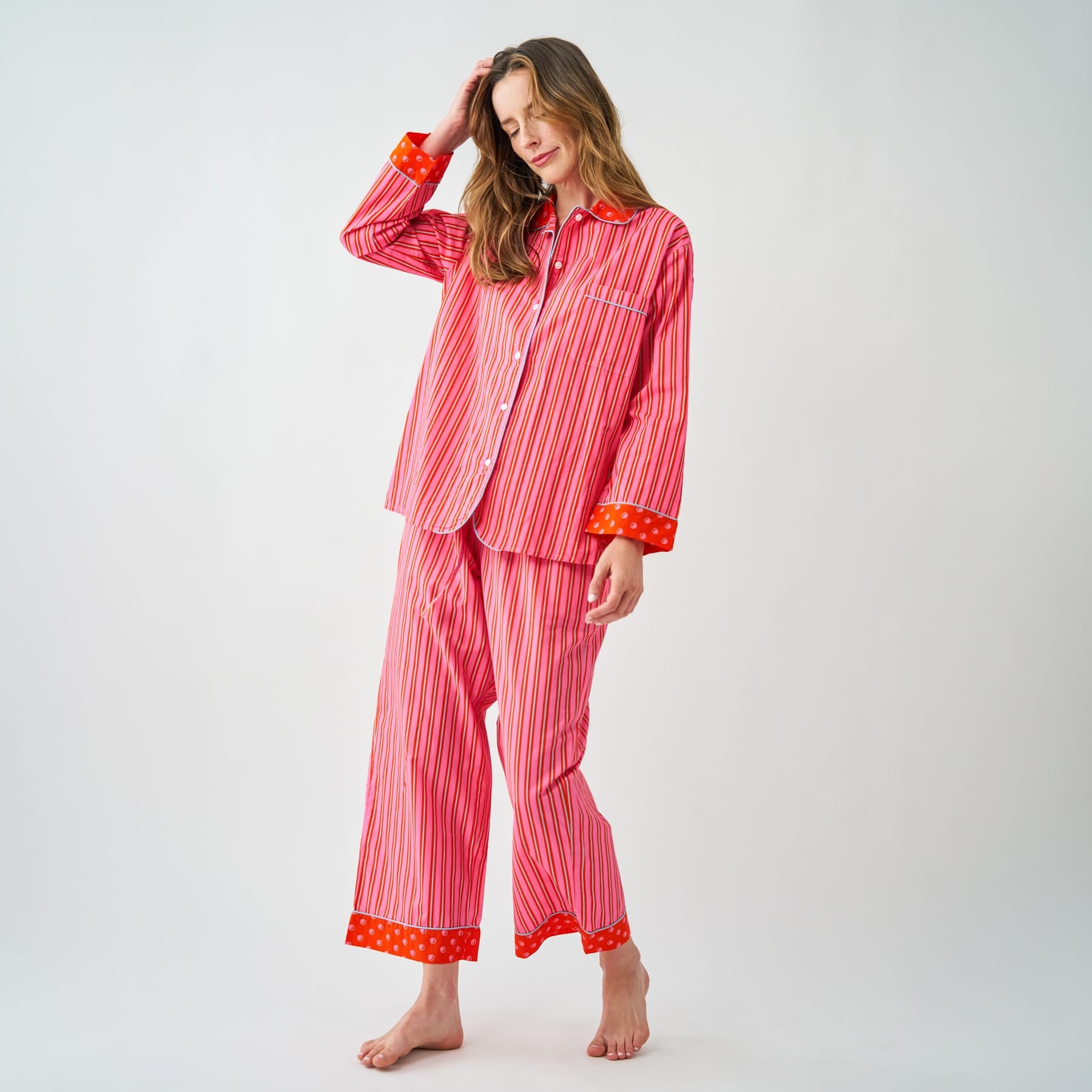Bonnie Pajama Set Hot Pink + Orange Stripes with Dot Trim Size Medium