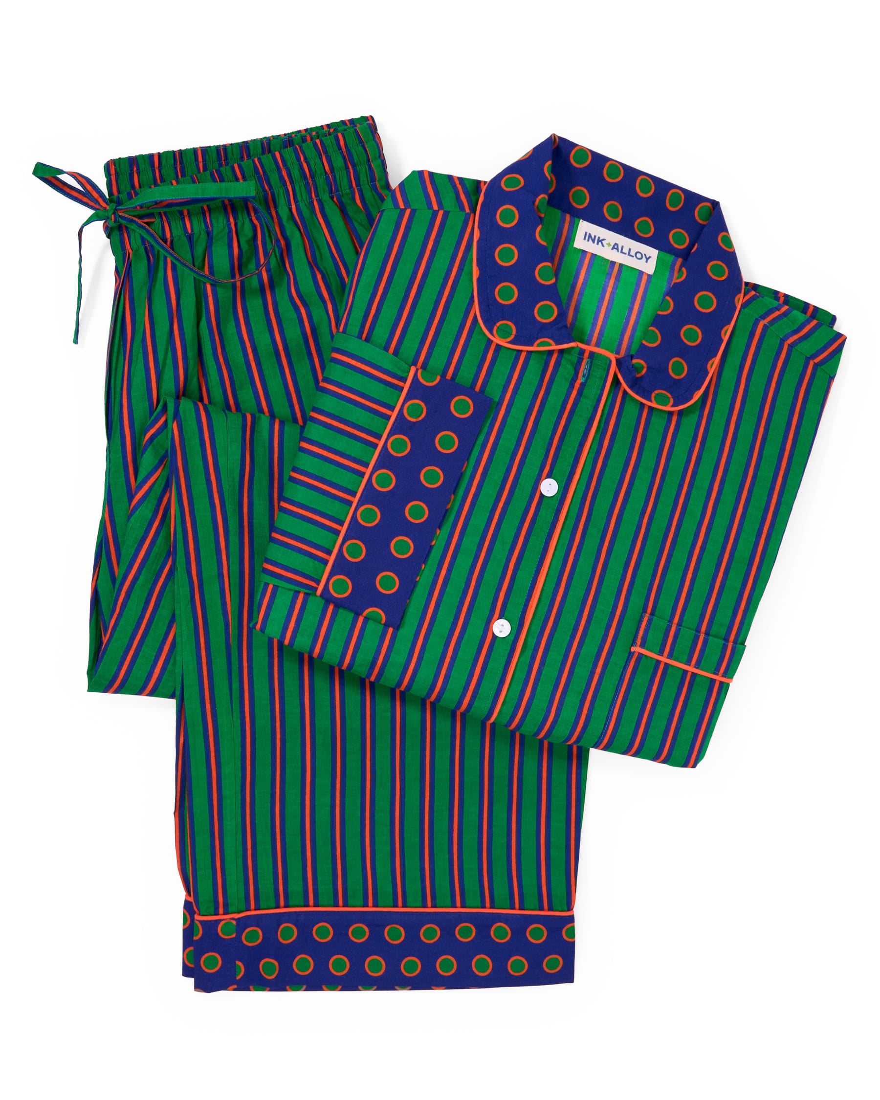 Bonnie Pajama Set Navy + Green Stripes with Dot Trim Size Medium