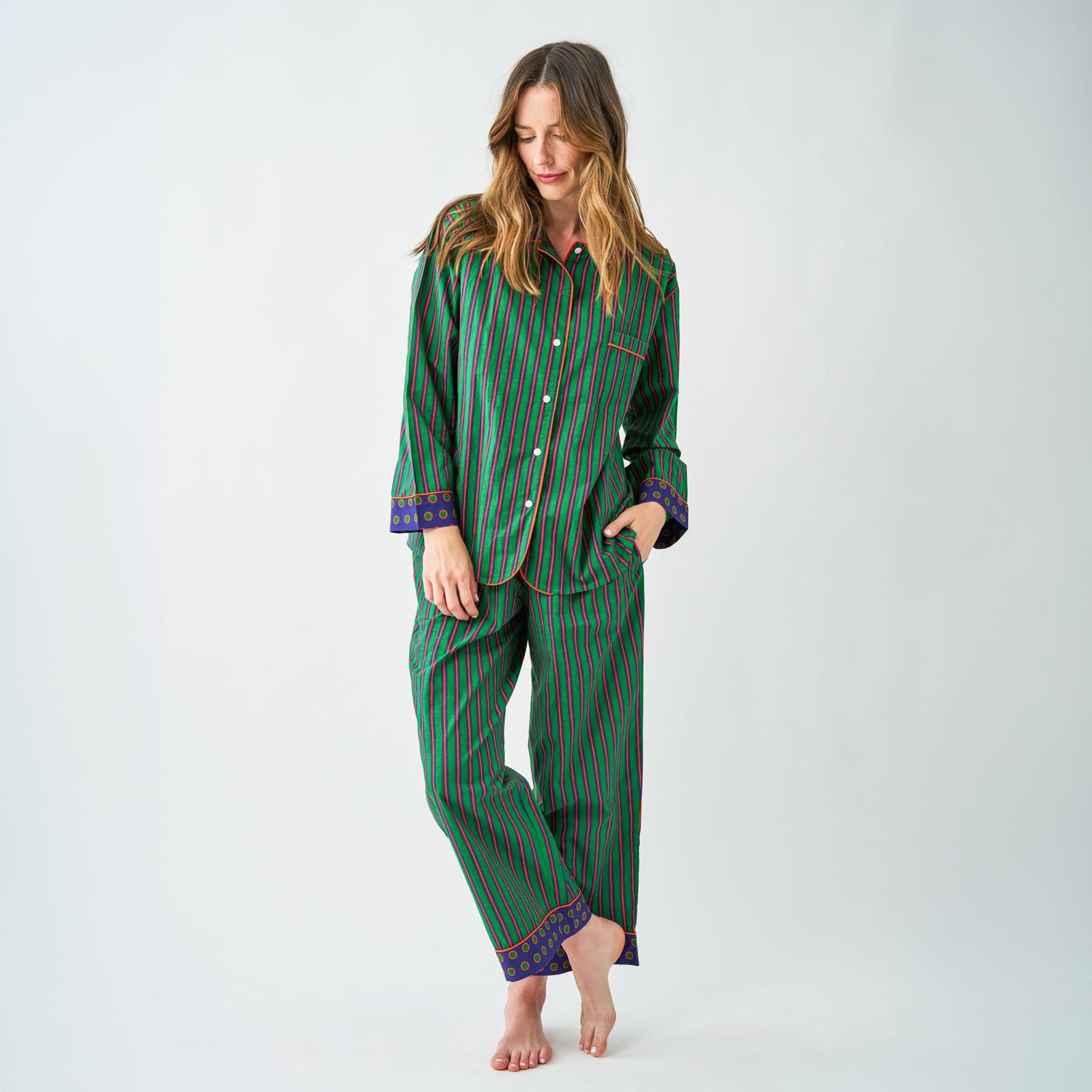 Bonnie Pajama Set Navy + Green Stripes with Dot Trim Size Small