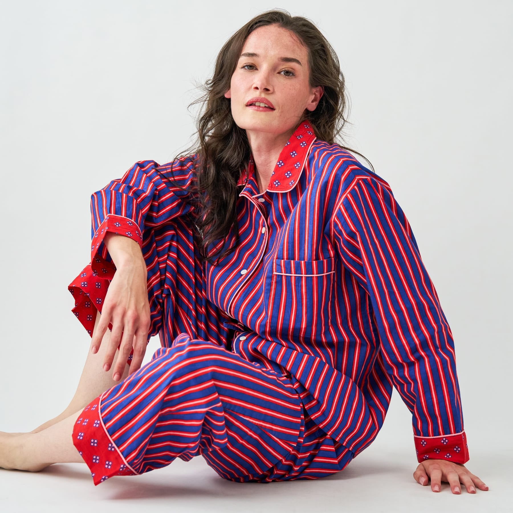 Bonnie Pajama Set Navy + Red Stripes with Dot Trim Size Extra Large