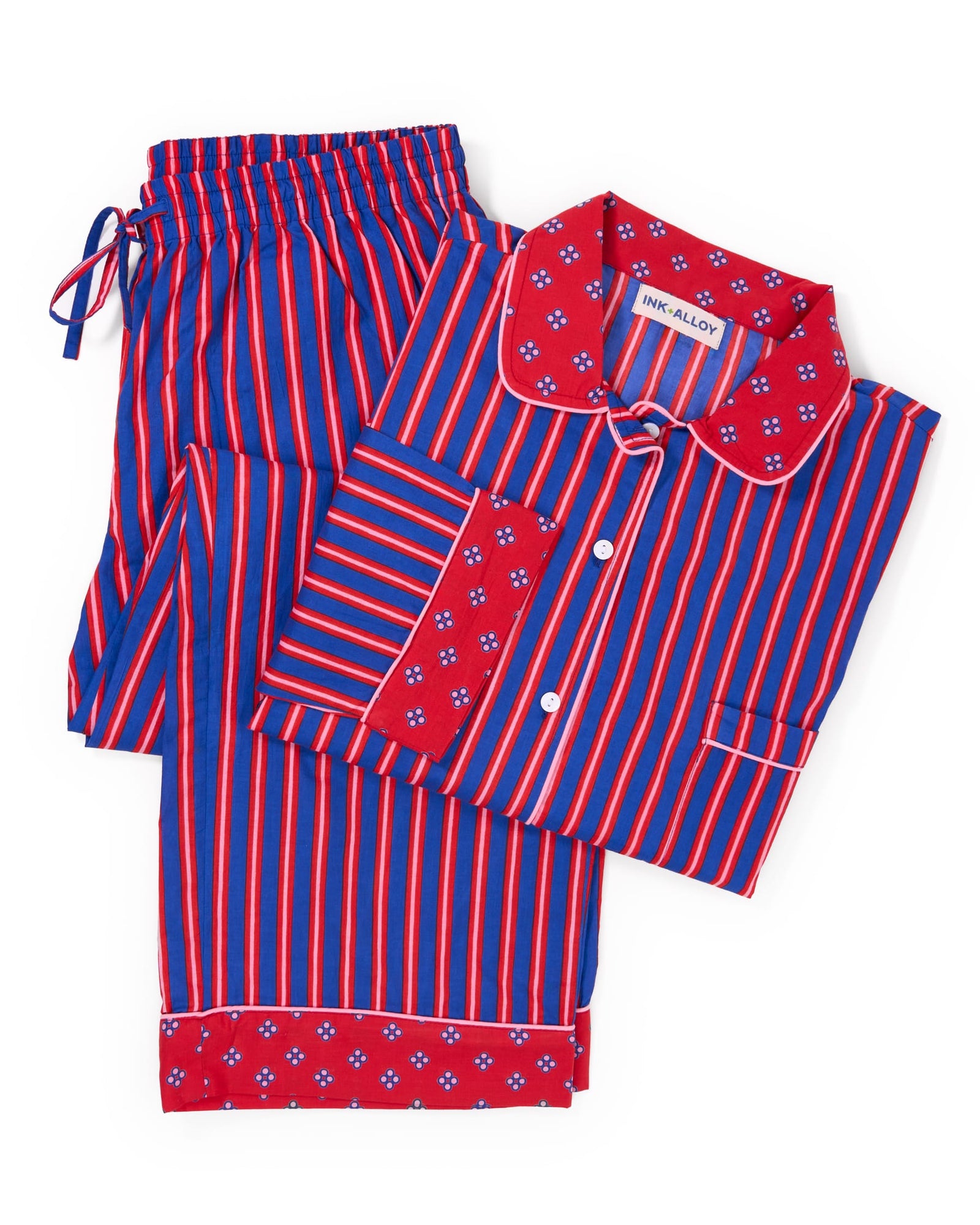 Bonnie Pajama Set Navy + Red Stripes with Dot Trim Size Small