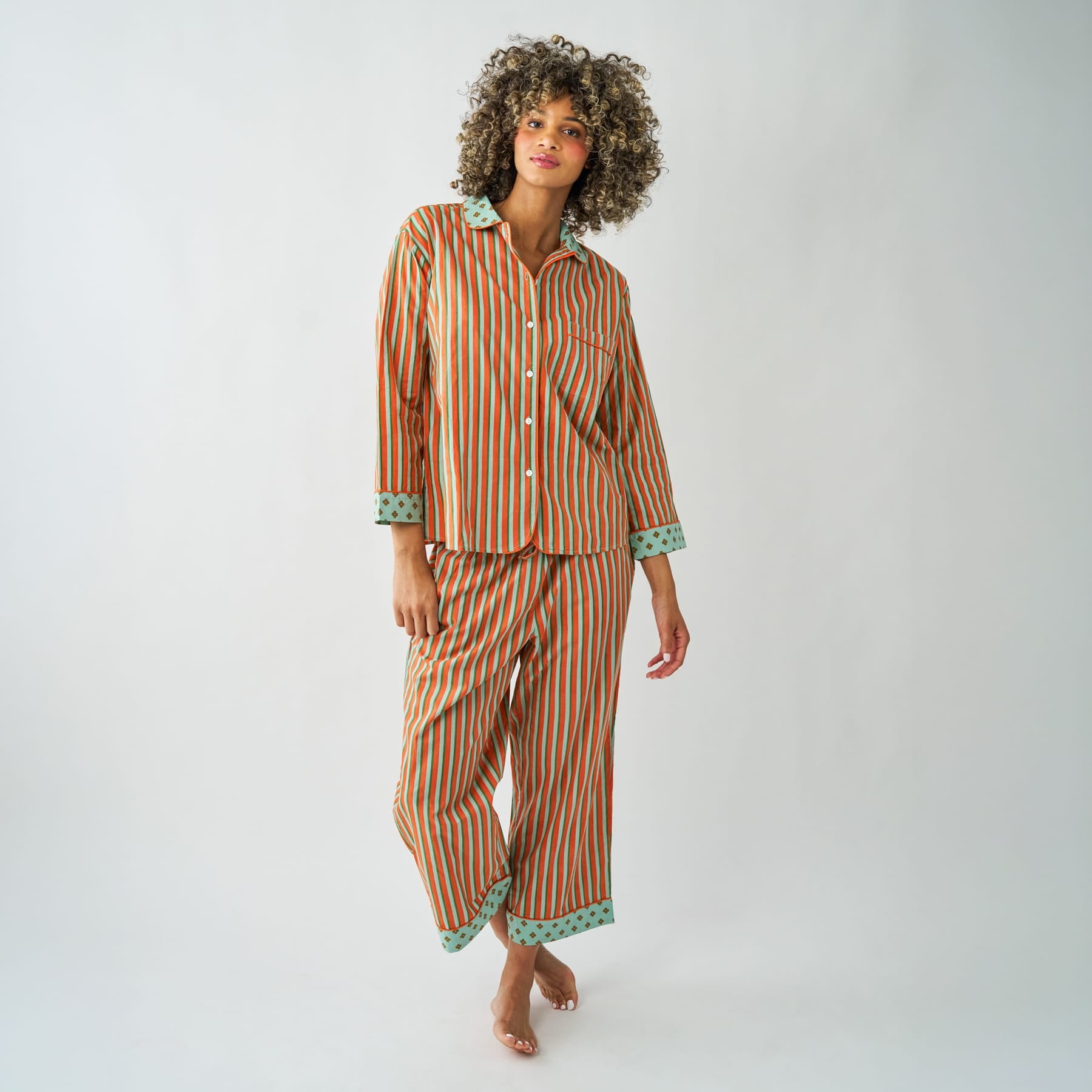 Bonnie Pajama Set Sage + Rust Stripes with Dot Trim Size Extra Large