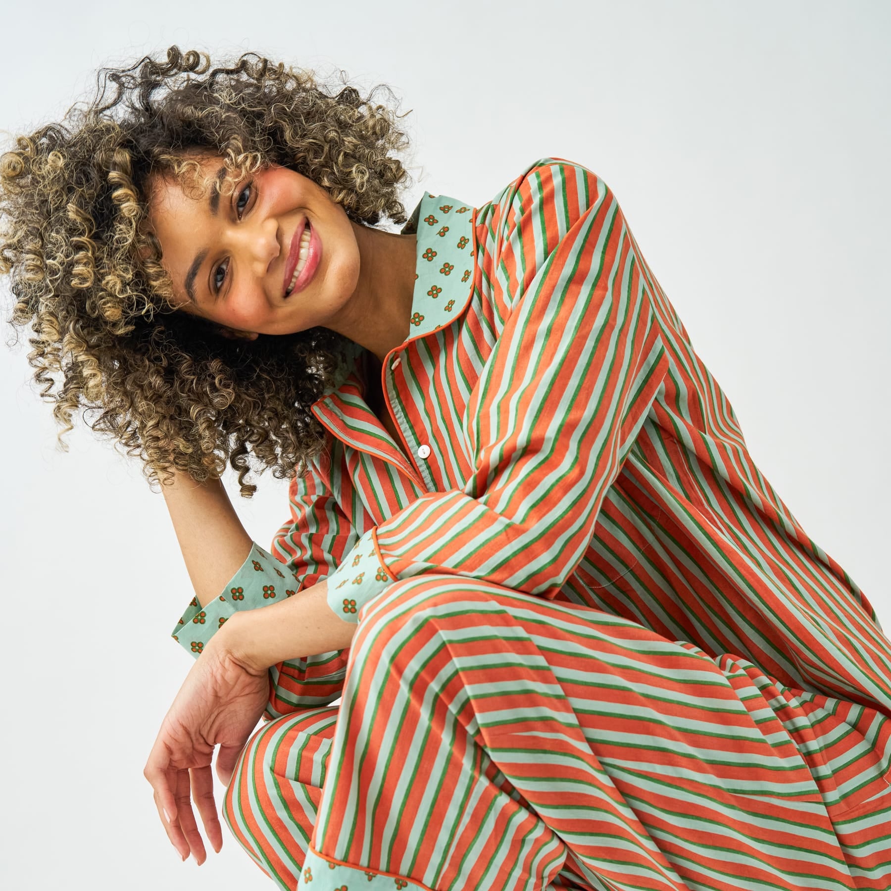 Bonnie Pajama Set Sage + Rust Stripes with Dot Trim Size Medium
