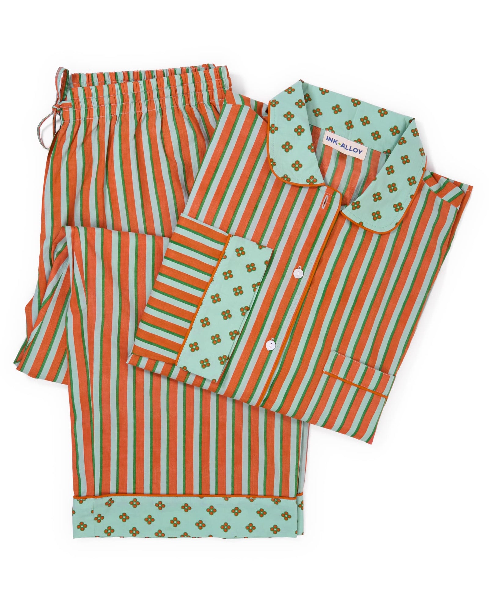 Bonnie Pajama Set Sage + Rust Stripes with Dot Trim Size Medium
