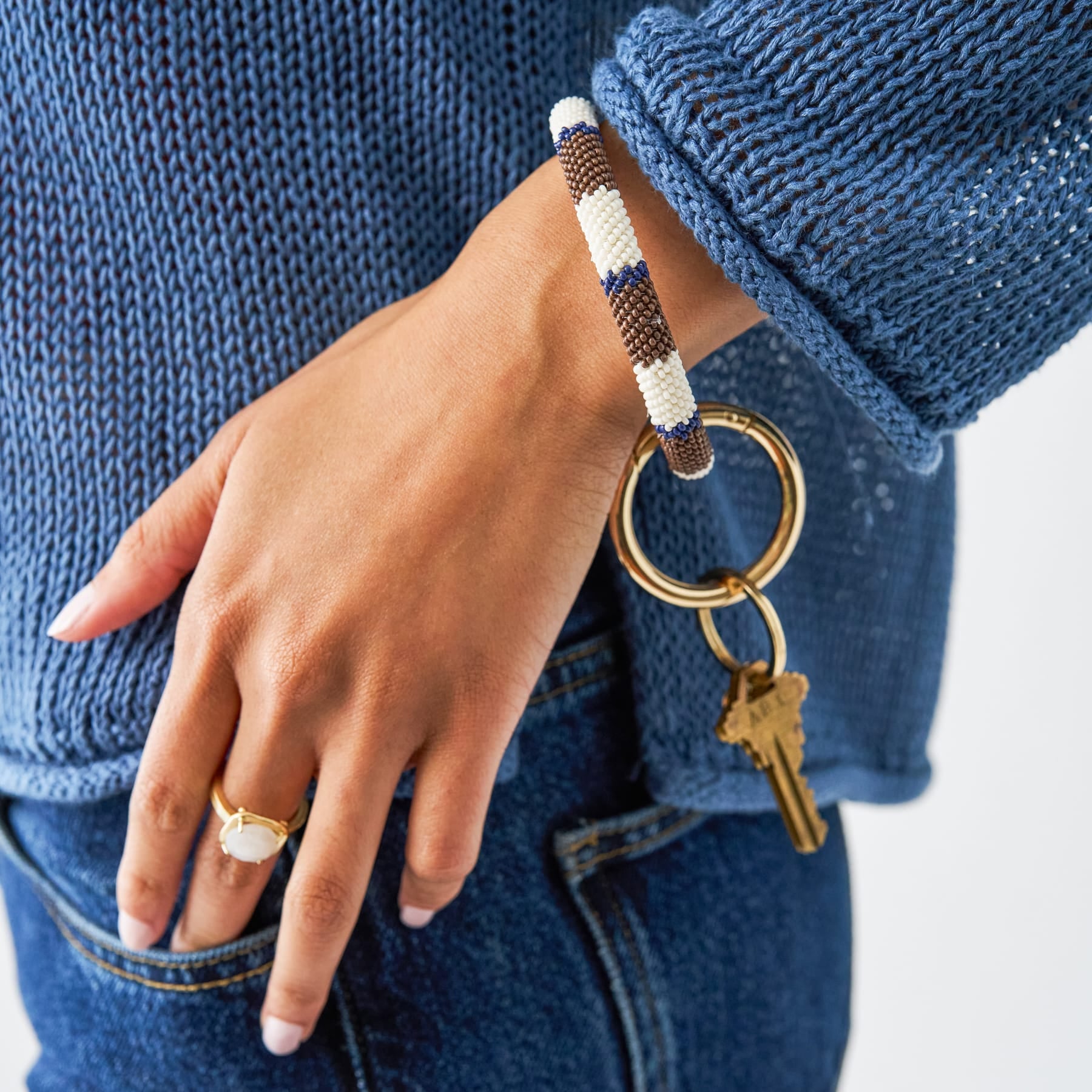 Chloe Stripe Beaded Key Ring Bracelet Brown, Navy, + Ivory
