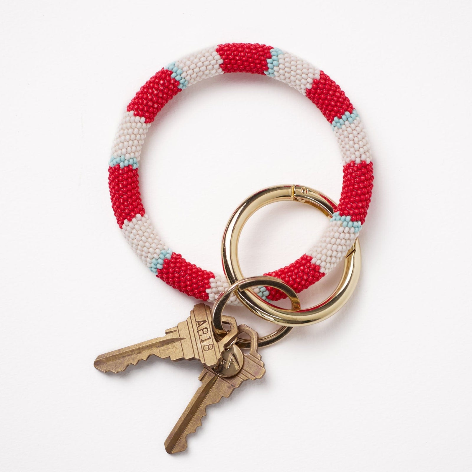 Chloe Stripe Beaded Key Ring Bracelet Red, Light Blue, + Ivory Wholesale