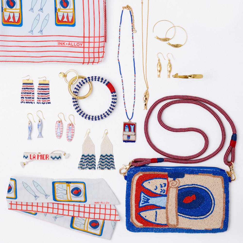 Chloe Small Stripe Beaded Key Ring Bracelet Navy, Ivory + Red Wholesale