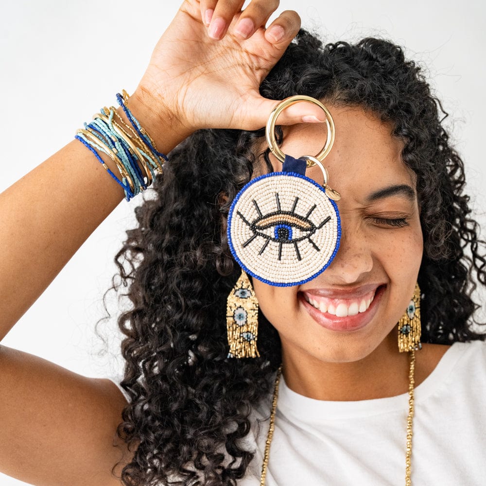 Kelsey Evil Eye Seed Bead Bag Charm Key Ring Royal Blue Wholesale