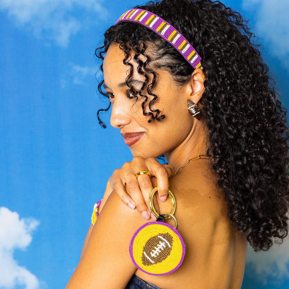 Game Day Football Beaded Bag Charm Purple + Yellow Wholesale