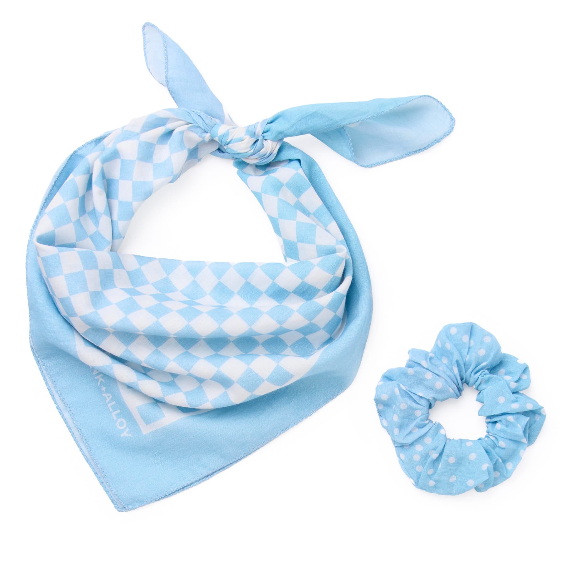 Game Day Check Scarf + Scrunchie Light Blue + White 21x21 Wholesale
