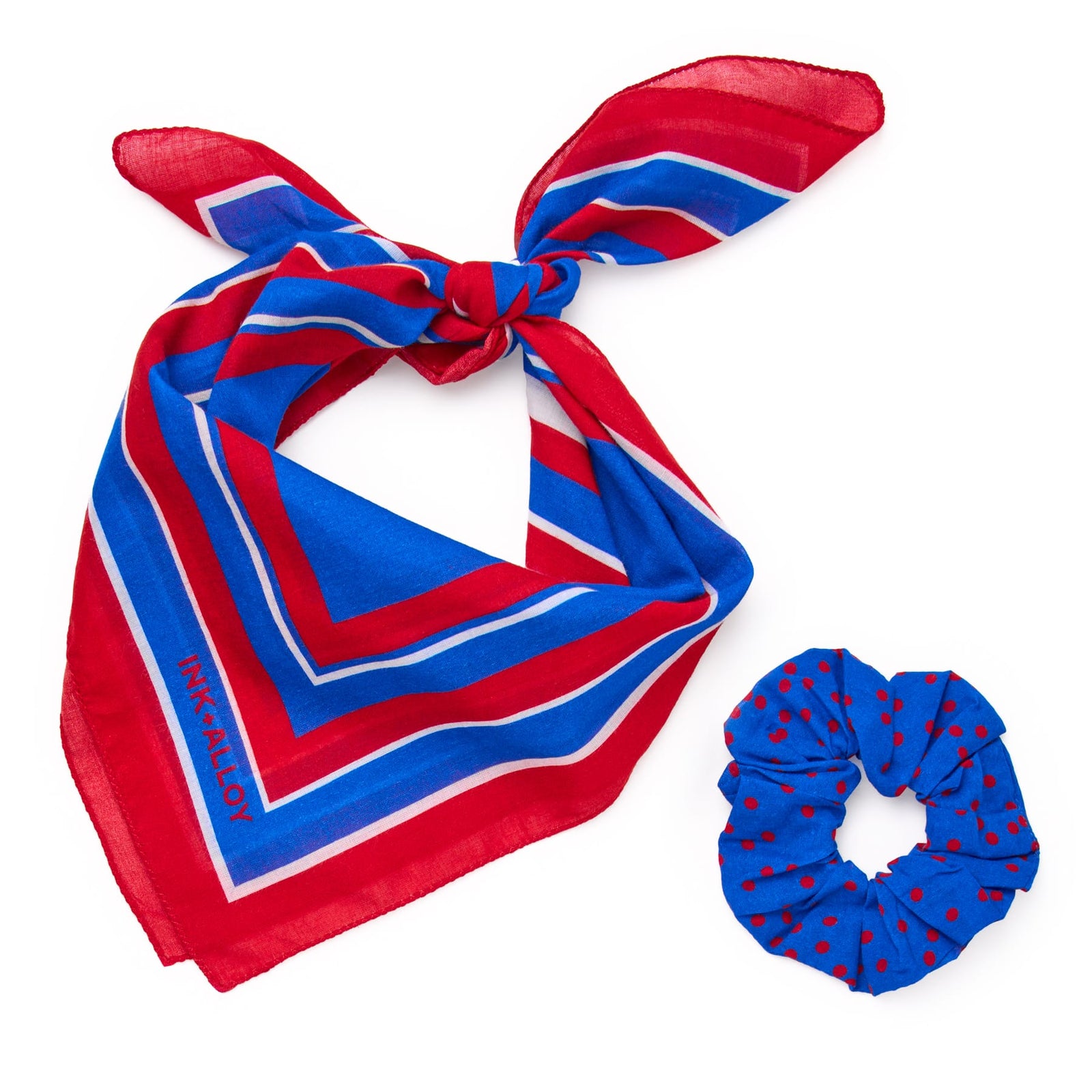 Game Day Radiating Square Scarf + Scrunchie Blue + Red 21x21 Wholesale