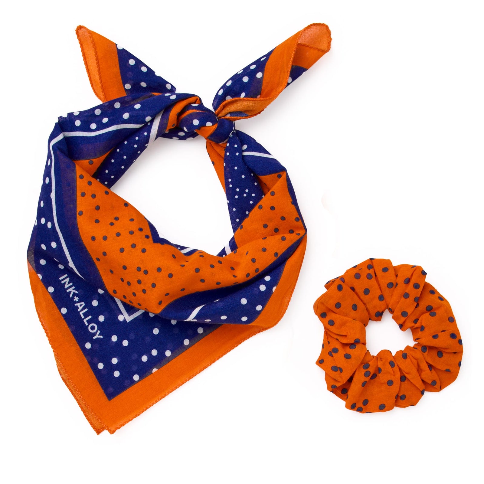 Game Day Polka Dot Scarf + Scrunchie Navy + Orange 21x21 Wholesale