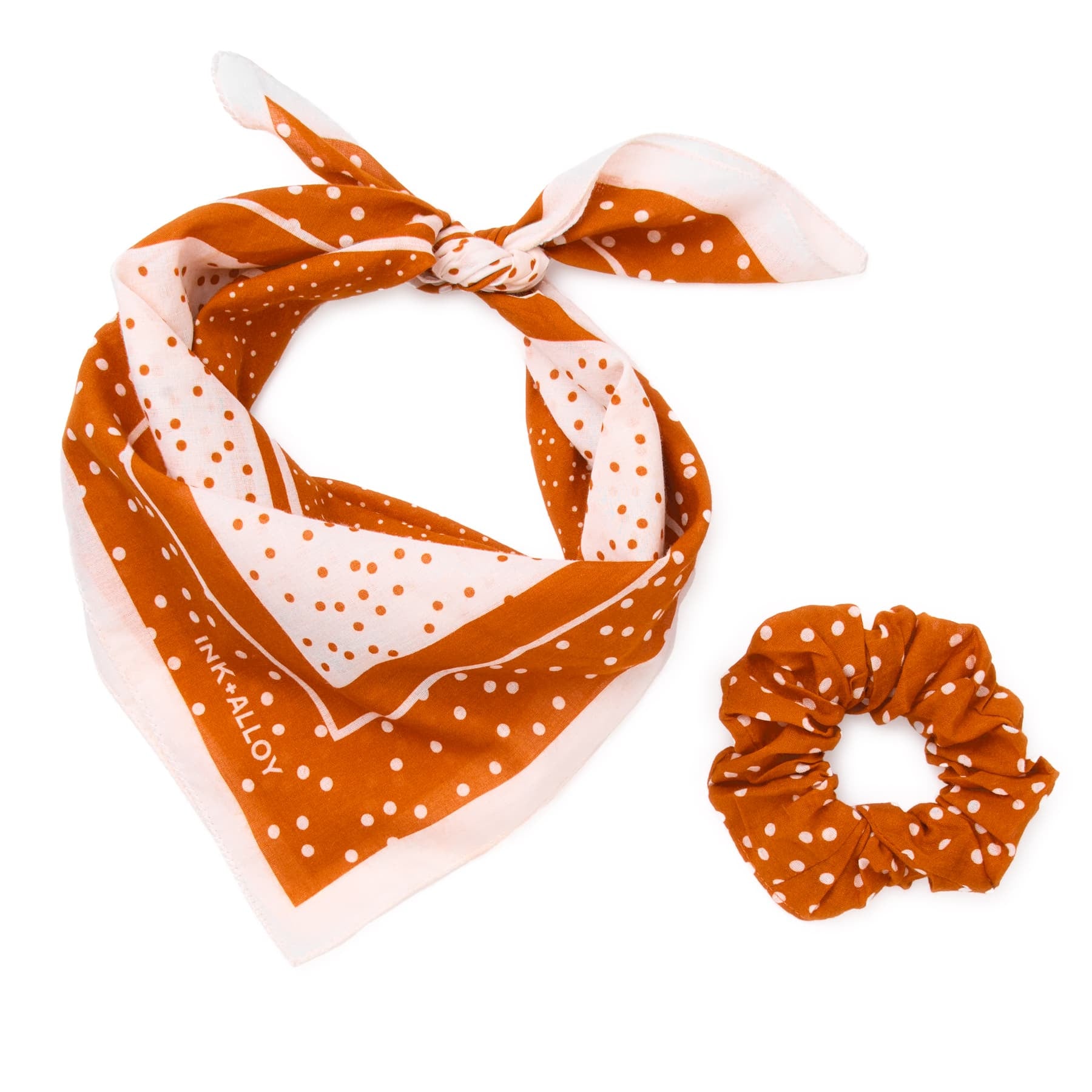 Game Day Polka Dot Scarf + Scrunchie Burnt Orange + White 21x21 Wholesale