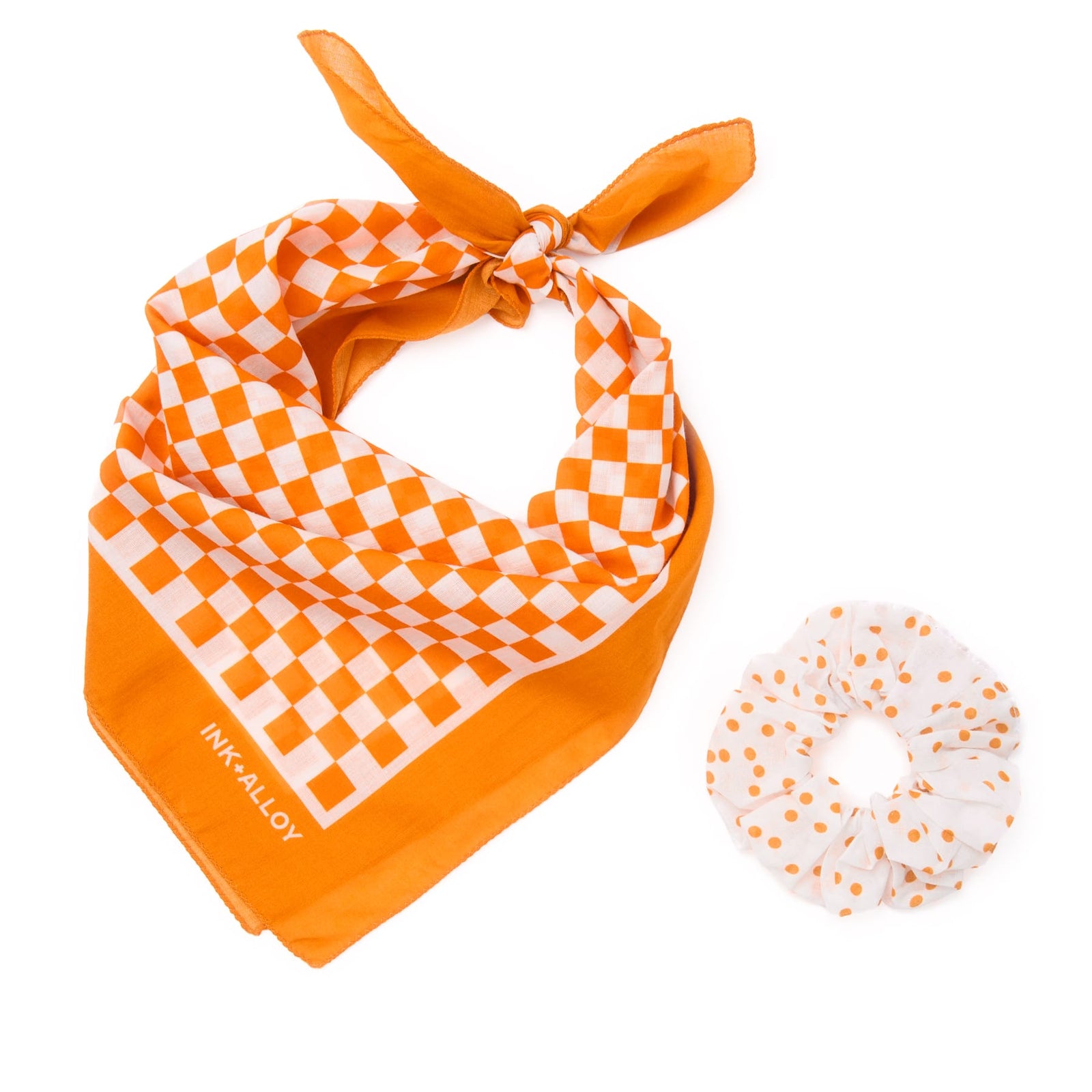 Game Day Check Scarf + Scrunchie Orange + White 21x21 Wholesale