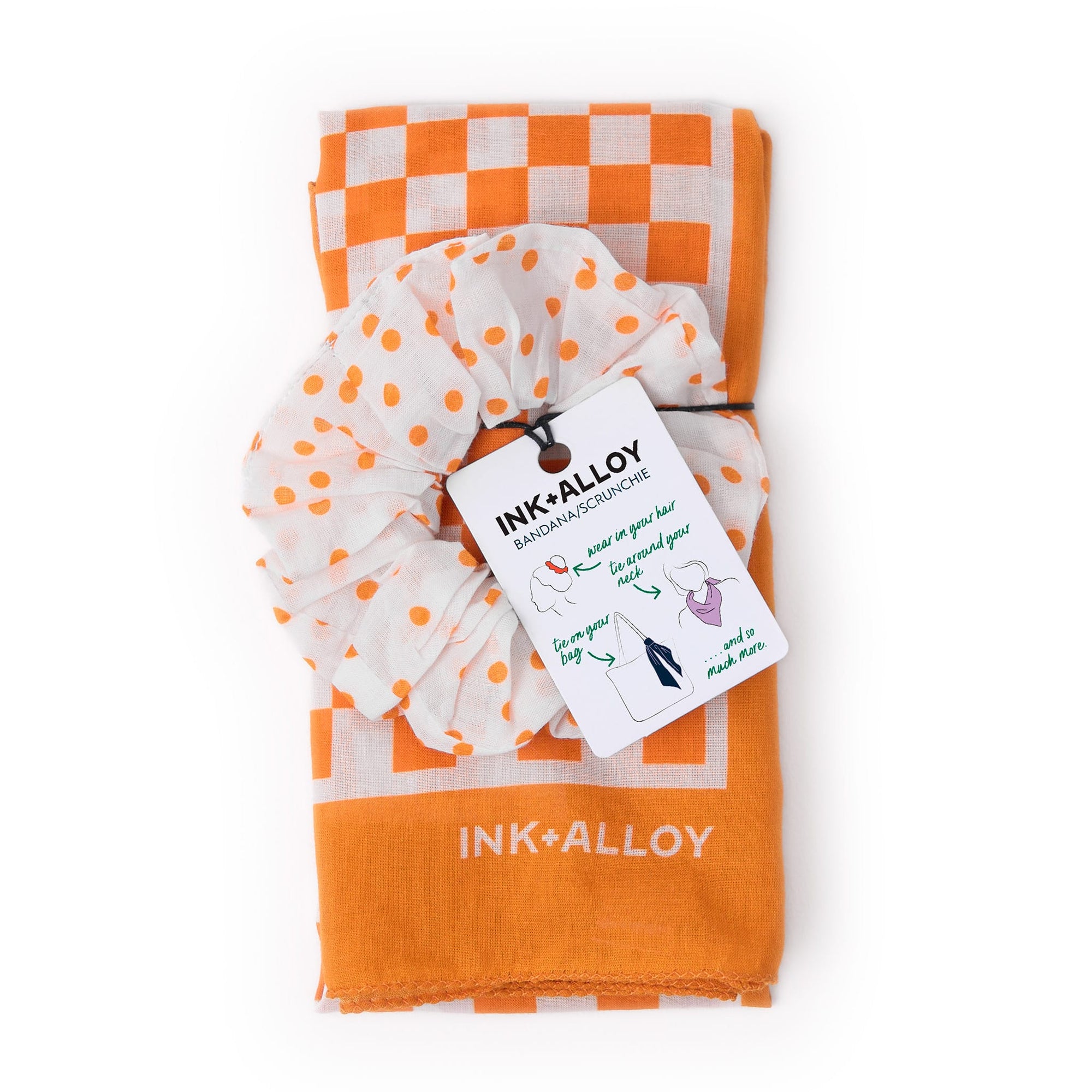 Game Day Check Scarf + Scrunchie Orange + White 21x21 Wholesale