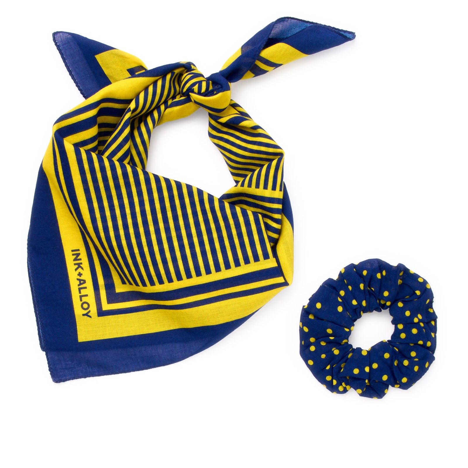 Game Day Alternating Stripe Scarf + Scrunchie Yellow + Navy 21x21 Wholesale