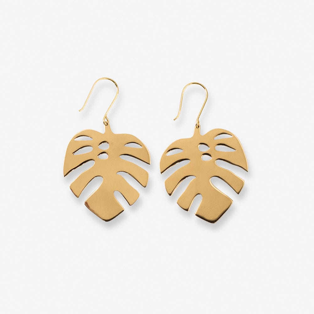 Flora Monstera Leaf Dangle Earrings Brass Wholesale