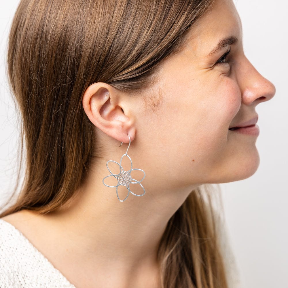 Twiggy Open Petals Flower Drop Earrings Silver