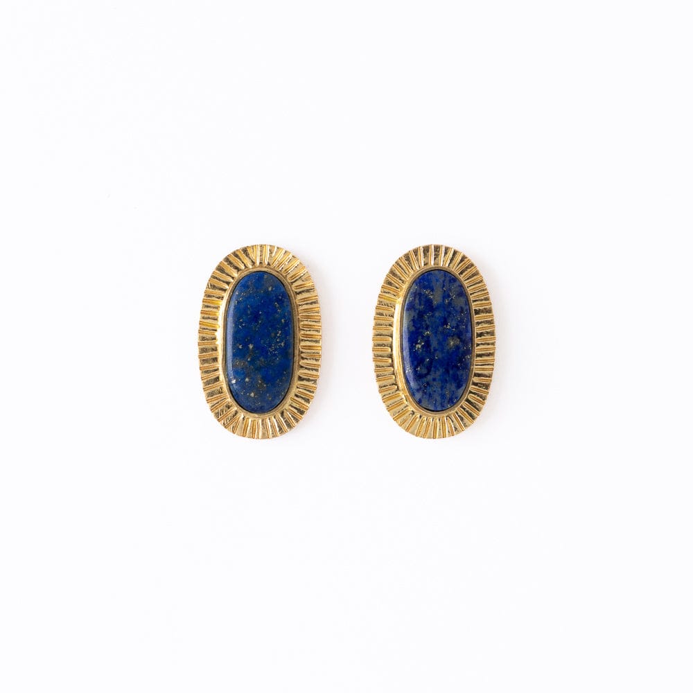 Daphne Oval Stone Lapis Post Earrings Framed In Brass Wholesale